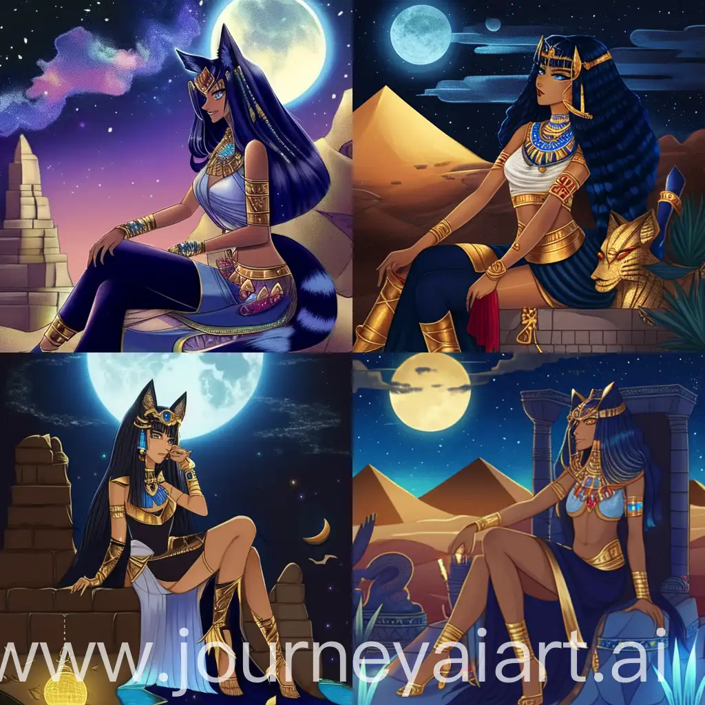 Anime-style illustration of an alluring woman with long, dark blue hair, adorned with gold jewelry and Egyptian-inspired accessories. She has fox-like ears and is dressed in a revealing, ornate gold and black outfit. She is sitting on a rock with pyramids and a starry night sky in the background. The scene is illuminated by the soft glow of the moonlight, highlighting her intricate outfit and creating a mystical, ancient Egyptian atmosphere. The setting exudes a sense of grandeur and mystery, with the night sky filled with stars and cosmic elements.