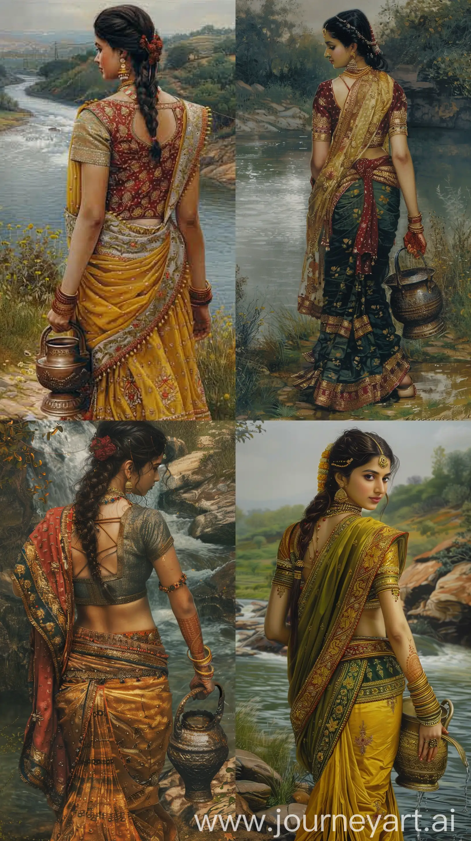 Hyper realistic image in Raj Ravi Varma art style of an Indian woman in her thirties, back view, carrying a water pot on the side of her abdomen and walking away, river besides her, intricate high resolution image --s 200 --ar 9:16 --v 6