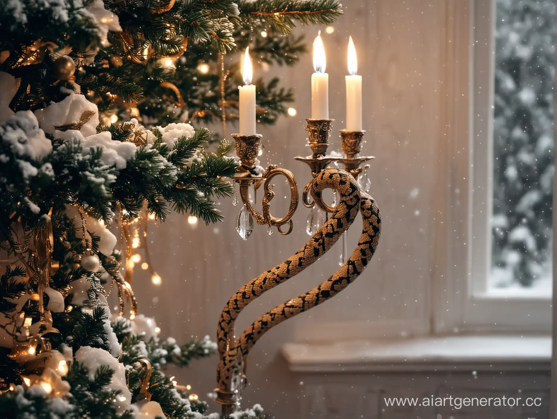 Christmas-Tree-Snake-Illuminated-by-Sconces-in-Snowy-Scene
