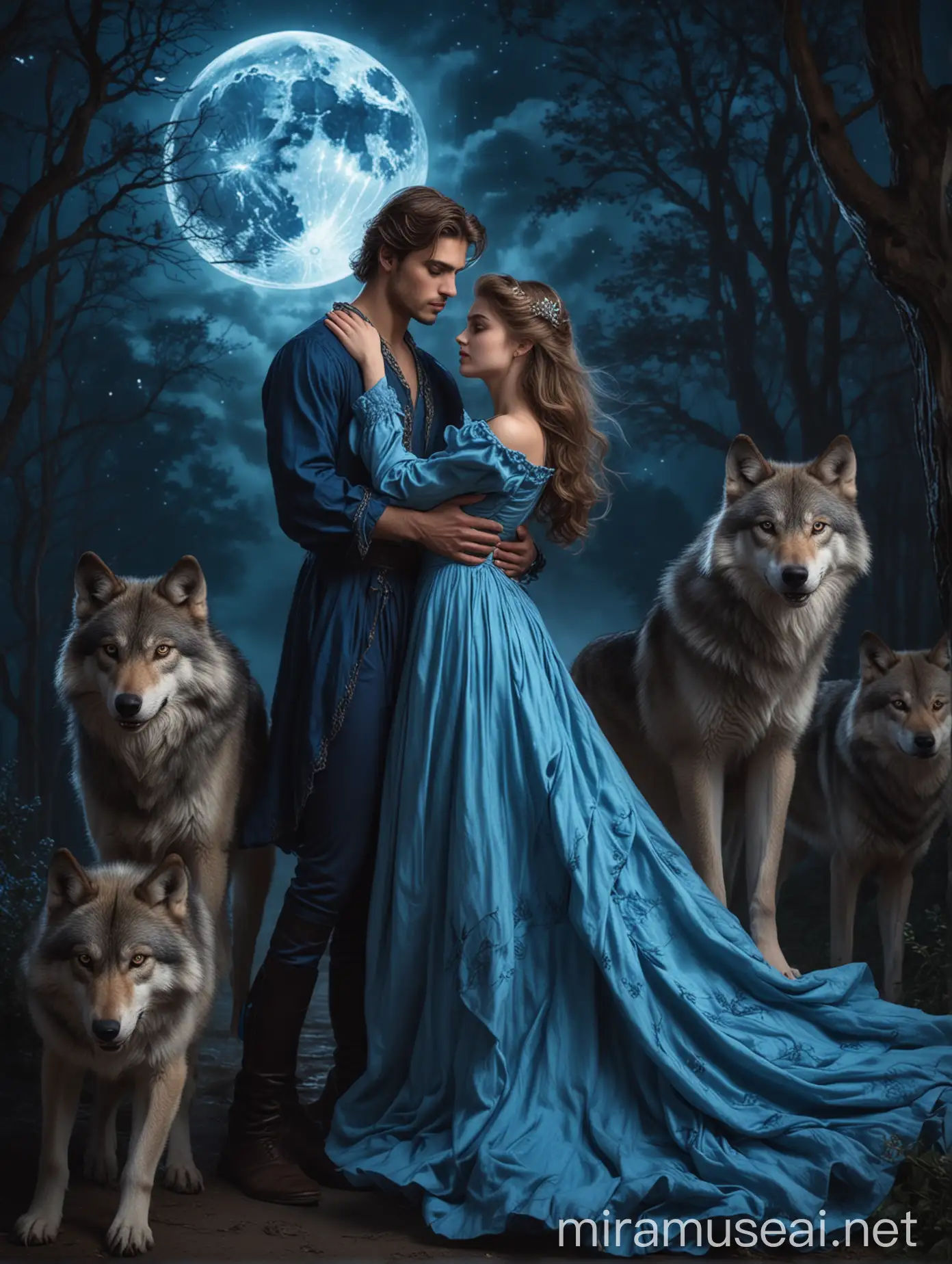 Romantic Couple Embraced by Moonlight with Wolves
