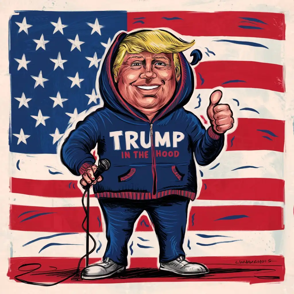 a patriotic election illustration, text "Trump in the hood"