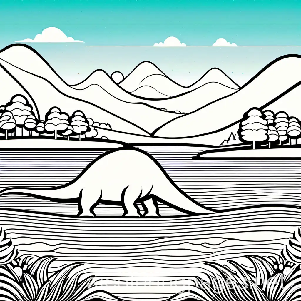 A Diplodocus bending down to take a refreshing drink from a lake...Coloring Page, black and white, line art, white background, Simplicity, Ample White Space. The background of the coloring page is plain white to make it easy for young children to color within the lines. The outlines of all the subjects are easy to distinguish, making it simple for kids to color without too much difficulty, Coloring Page, black and white, line art, white background, Simplicity, Ample White Space. The background of the coloring page is plain white to make it easy for young children to color within the lines. The outlines of all the subjects are easy to distinguish, making it simple for kids to color without too much difficulty