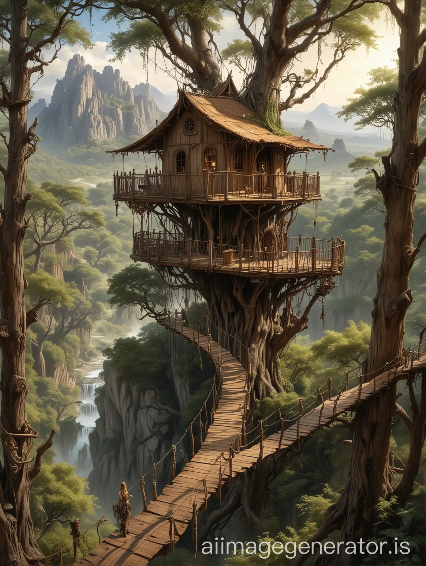 luis royo art style, A unique treehouse retreat built high among the branches, with a rope bridge, wooden walkways, and a view of the mountain range stretching out into the distance