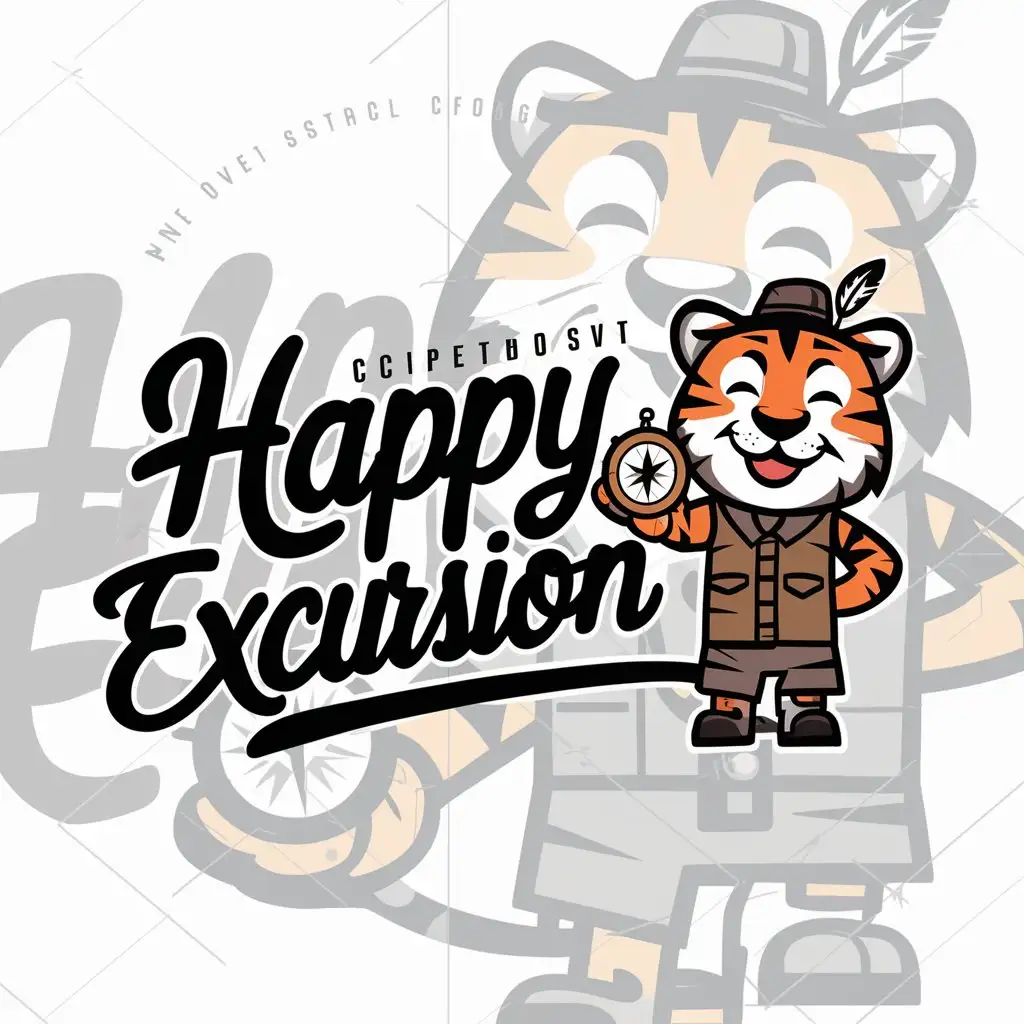 a logo design,with the text "Happy Excursion", main symbol:travel,humanize,joyful,tiger,no,compas,Moderate,be used in Travel industry,clear background