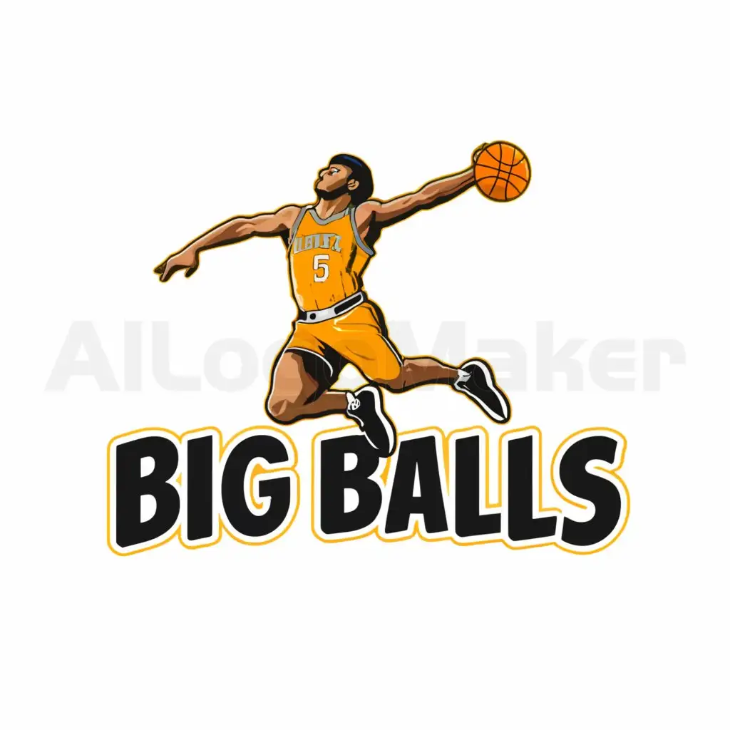 a logo design,with the text "BIG BALLS", main symbol:Jumping basketball player,Minimalistic,be used in Sports Fitness industry,clear background