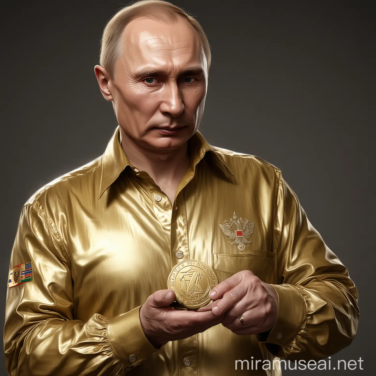 vladimir putin wearing a shining gold shirt holding a coin, with WOT letter Logo on the coin, realistic, high resolution