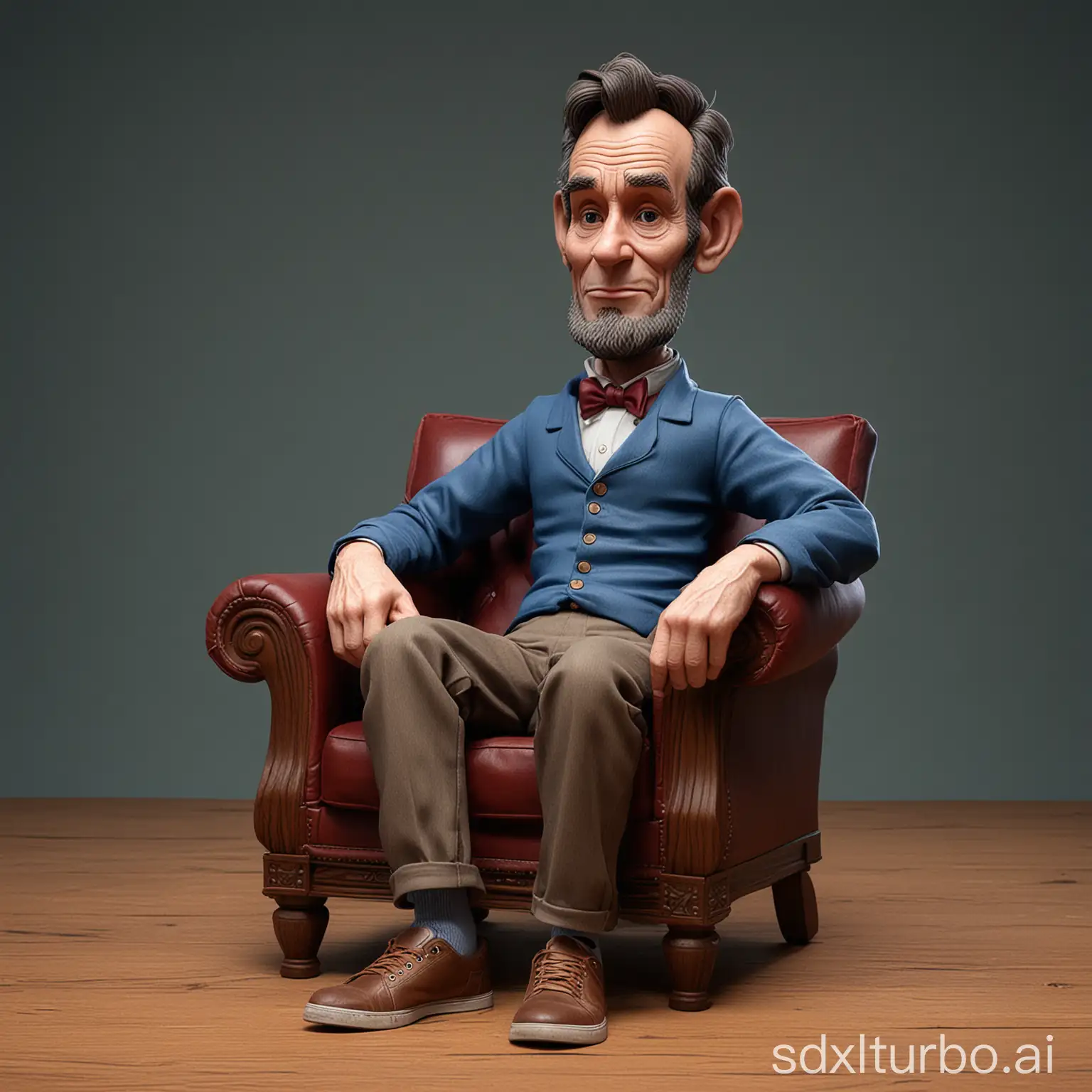 Create a realistic full body 3D Disney Pixar caricature with a large head. Abraham Lincoln, is sitting relaxed in a sofa chair with a dark red wing back, the texture of the wood is clearly visible. Wearing a blue t-shirt, wearing brown trousers. Wearing white sneakers. Right hand holding the camera, left hand placed on the edge of the chair. The background should contrast with the color of the chairs and clothes, thereby enhancing the overall composition of the picture. Use soft photographic lighting, dramatic overhead lighting, very high image quality, clear character details, UHD, 16k.