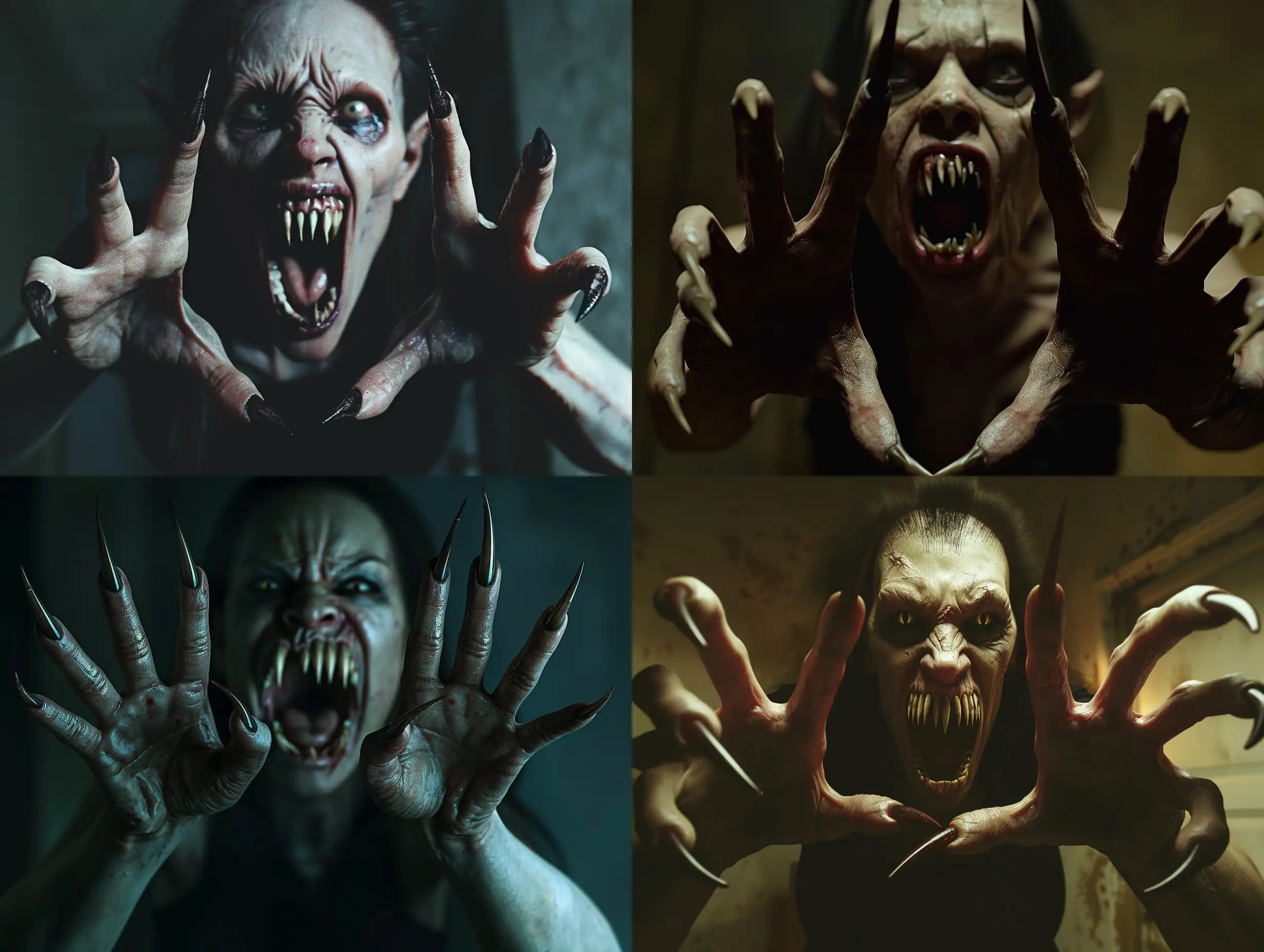 A photorealistic scene of a wild ugly monstruos vampire woman with  extra long pointed fingernails, on each hands with five fingers, her mouth is threateningly open, and terrible teeth look like fangs, the vampire looks like she climbed out of the grave, her nails resemble the claws of a predators.scene inside darkness room,hyper-realism, cinematic, high detail, photo detailing, high quality, photorealistic, aggressive, dark atmosphere, realistic, the smallest details, detailed nails, horror, atmospheric lighting, full anatomical, photorealism, detailed, textured, dark, haunting, night-time scene, intense, creepy, undead, spooky, eerie, atmospheric lighting, nightmare, grotesque, terrifying, realistic anatomy, human hands, very clear without flaws with five fingers.