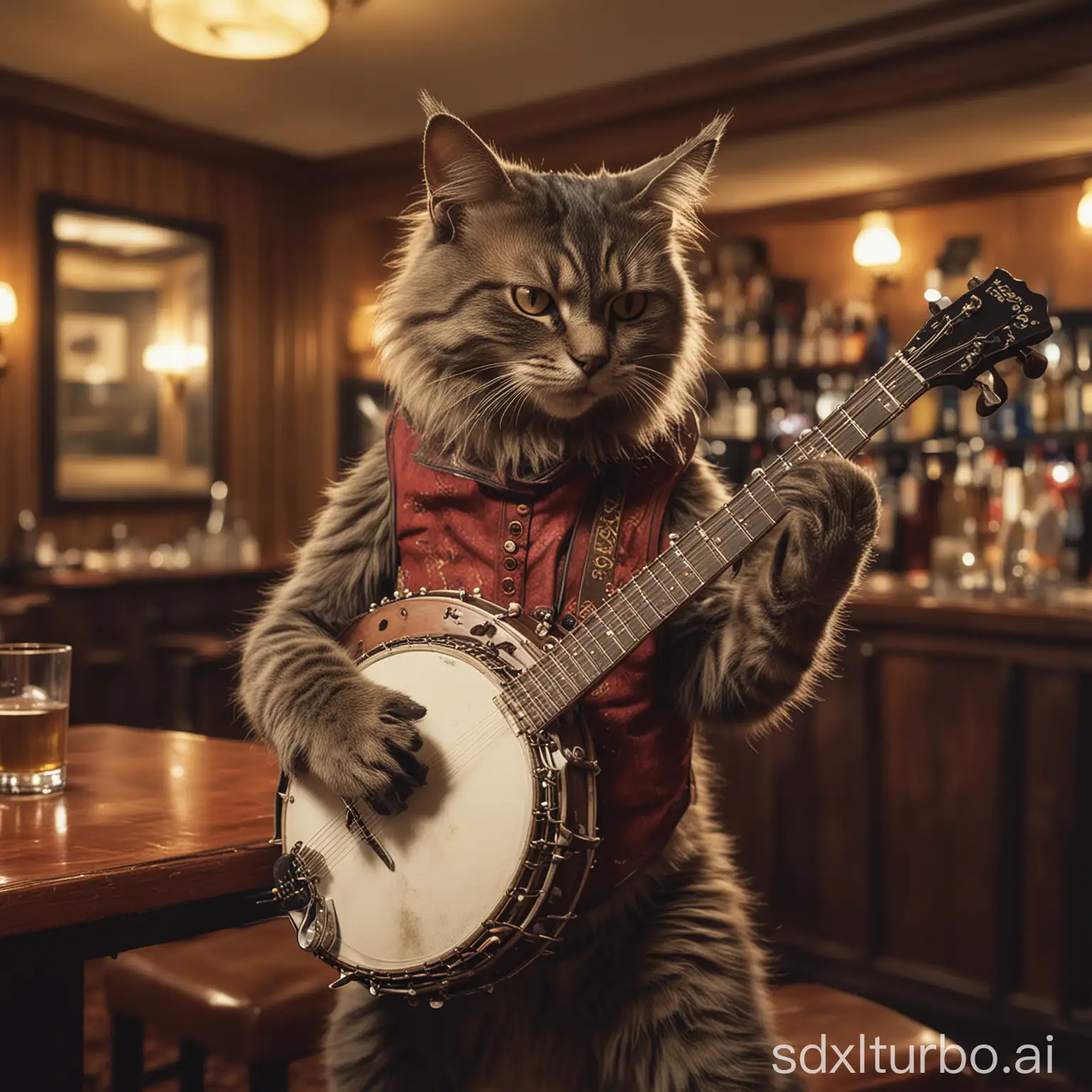 a demon cat playing banjo in a hotel bar