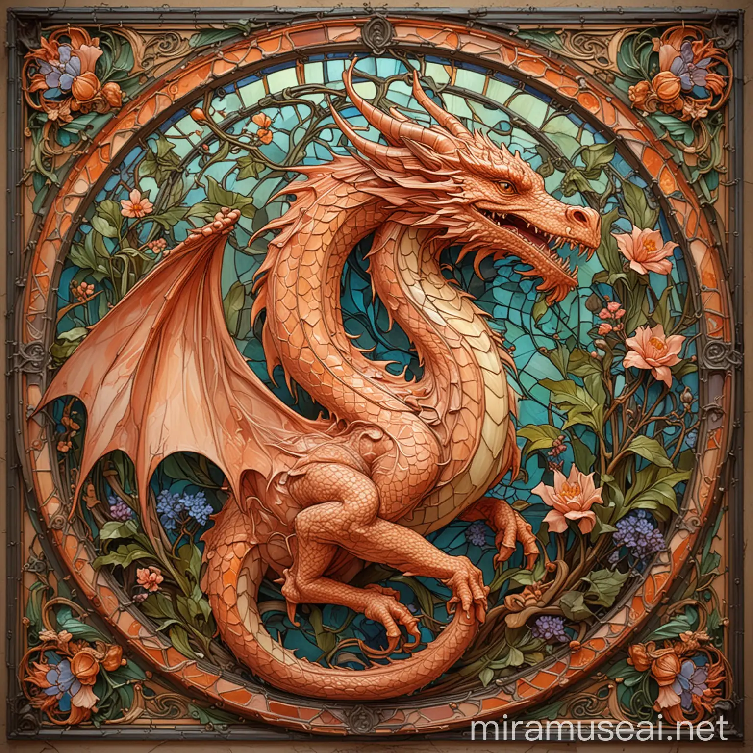  vintage oil painting, a dragon with Art Nouveau  style, bold and harmonious lines, with natural Art Nouveau curves, detailed floral and vine motifs merging with geometric shapes, with Art Nouveau inspired patterns, digital grid backgrounds intertwined with lush natural forms, neon-like outline effects evoking the beauty of stained glass, peach color background, high contrast crafted for visual clarity and spaces of artistic expression