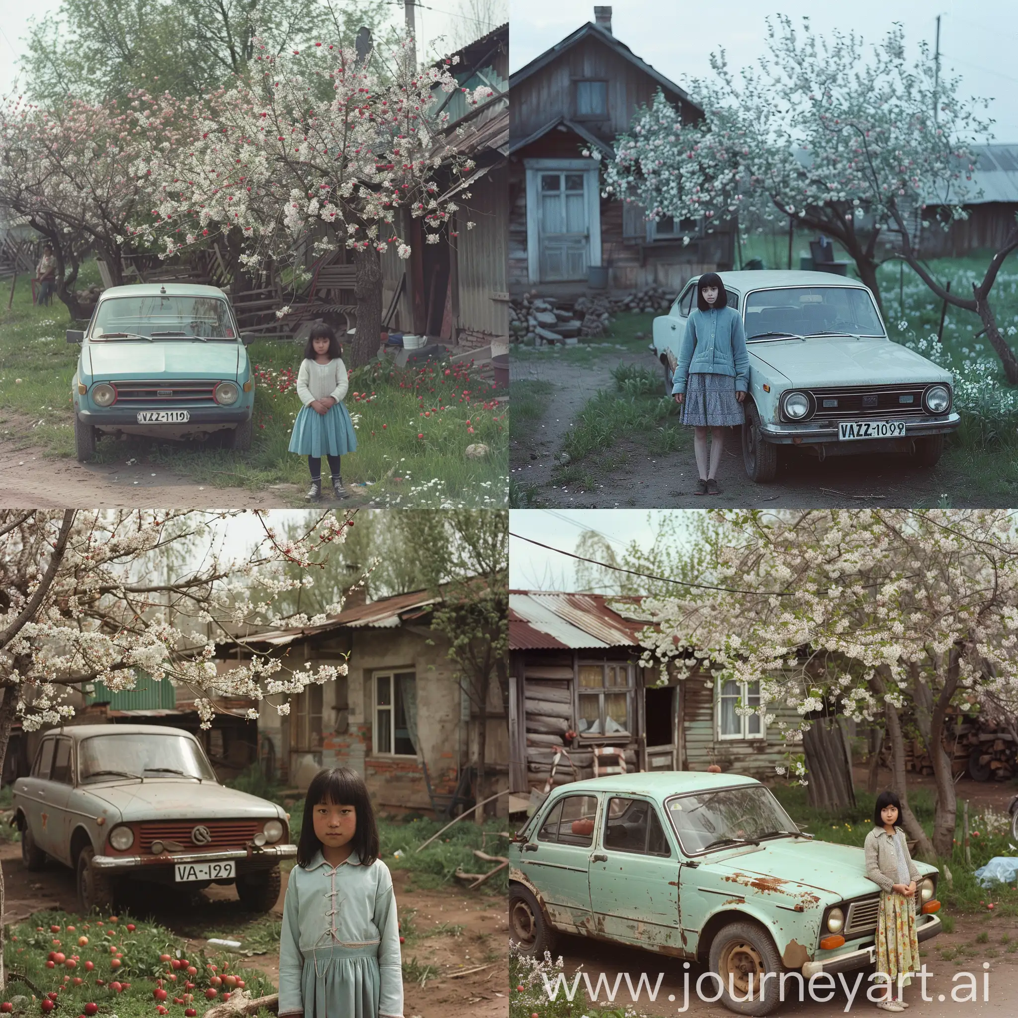 1993, USSR, a girl stands in the village near the VAZ-2109 car, near the village house of the Soviet Union with blooming apple trees and cherries, the month of May, a girl with black hair, the girl's physique is slightly plump, the girl is not shy, the girl was born in the USSR, the girl is beautiful, the village of the USSR