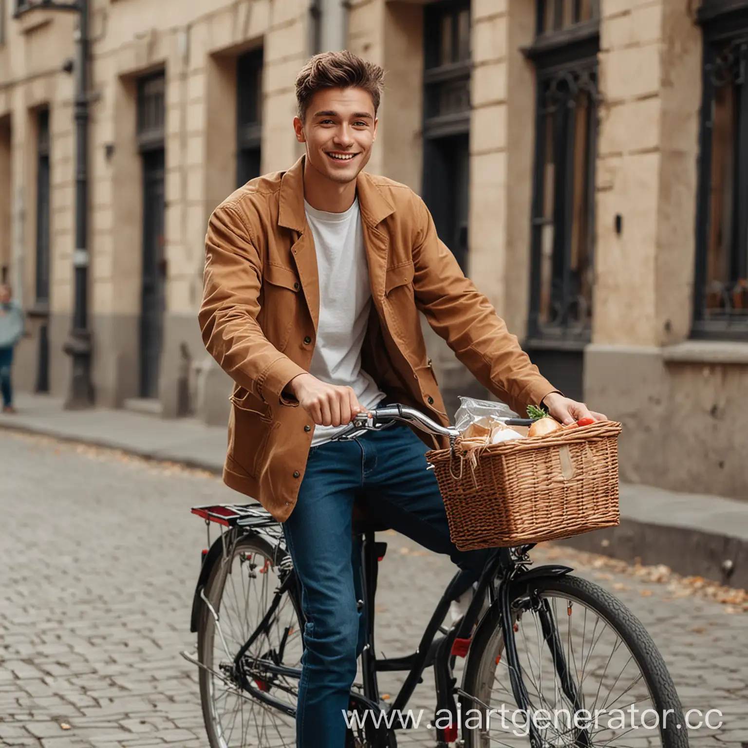 Молодой красивый парень едет на велосипеде по городу и доставляет еду