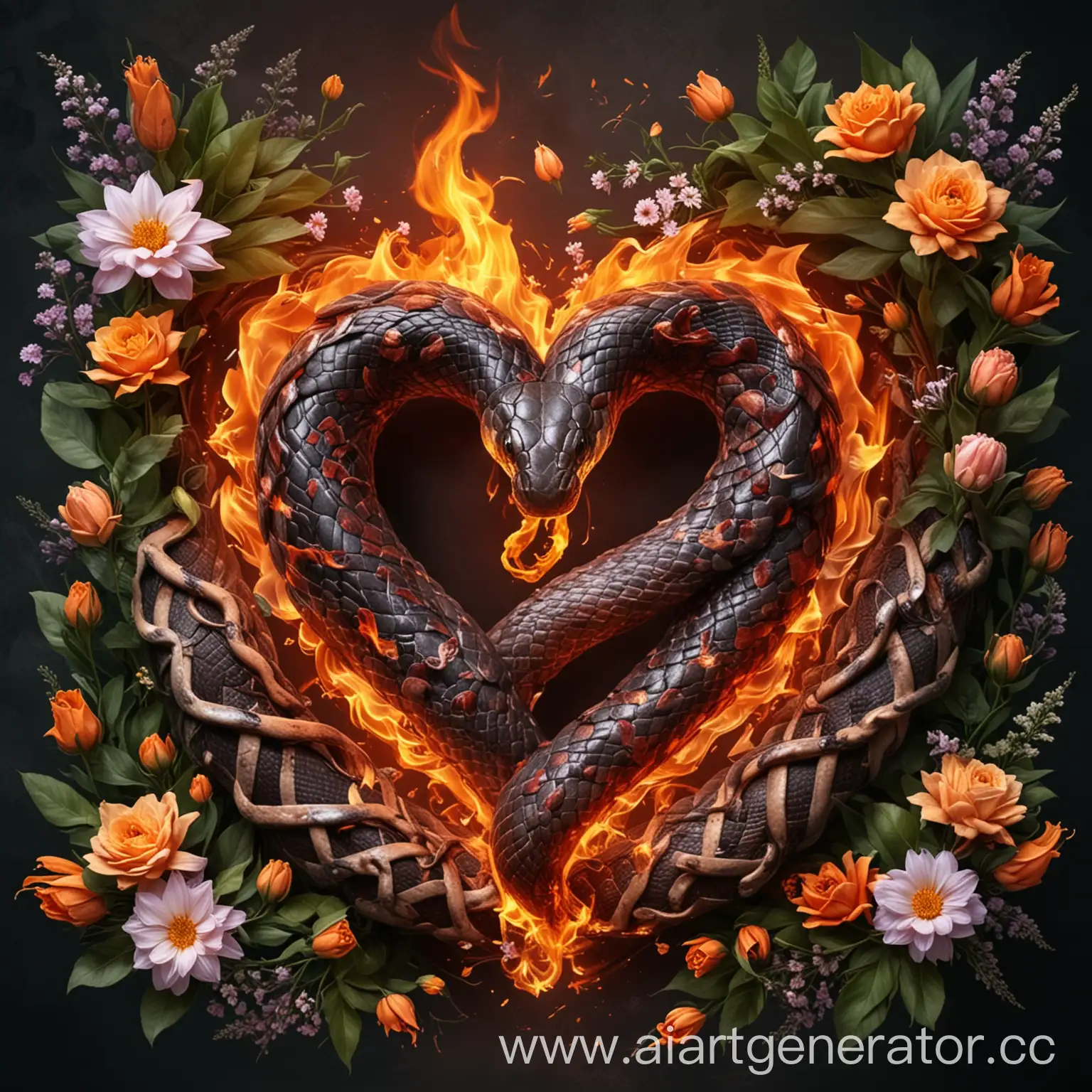 Змея в форме сердца горящая пламенем.На фоне цветы
