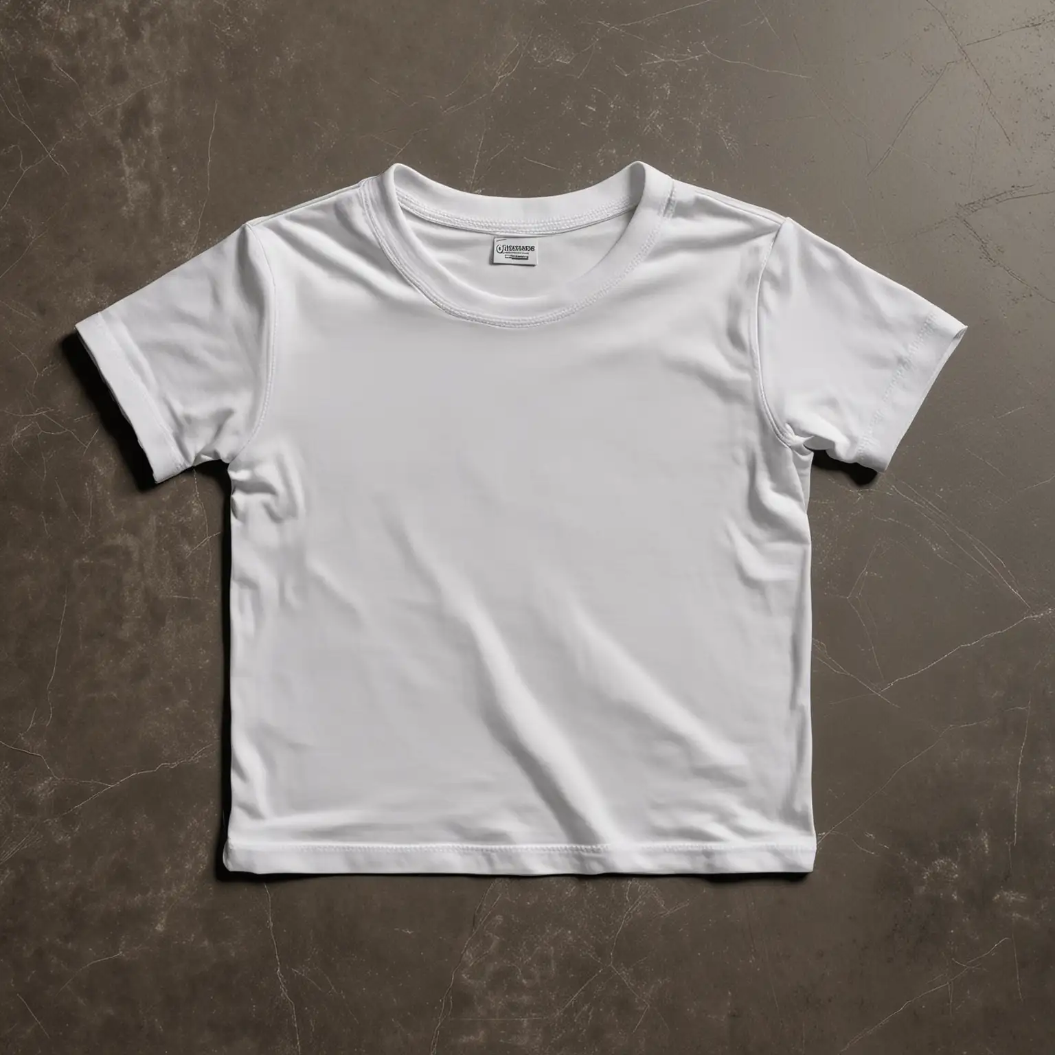 hyper realistic ironed simmetrical proportional white slim toddler tshirt no wrinkles, lied on floor seen from above with dark background floor
