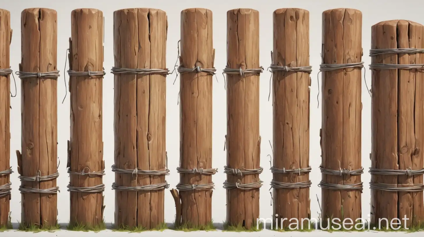 cylindrical wooden posts with large gap connected by wires, realistic drawing, brown colors, sketchfab, with 100% white background, sprite sheet, spread sheet of well-cut fence realistic drawing, in a front view perspective