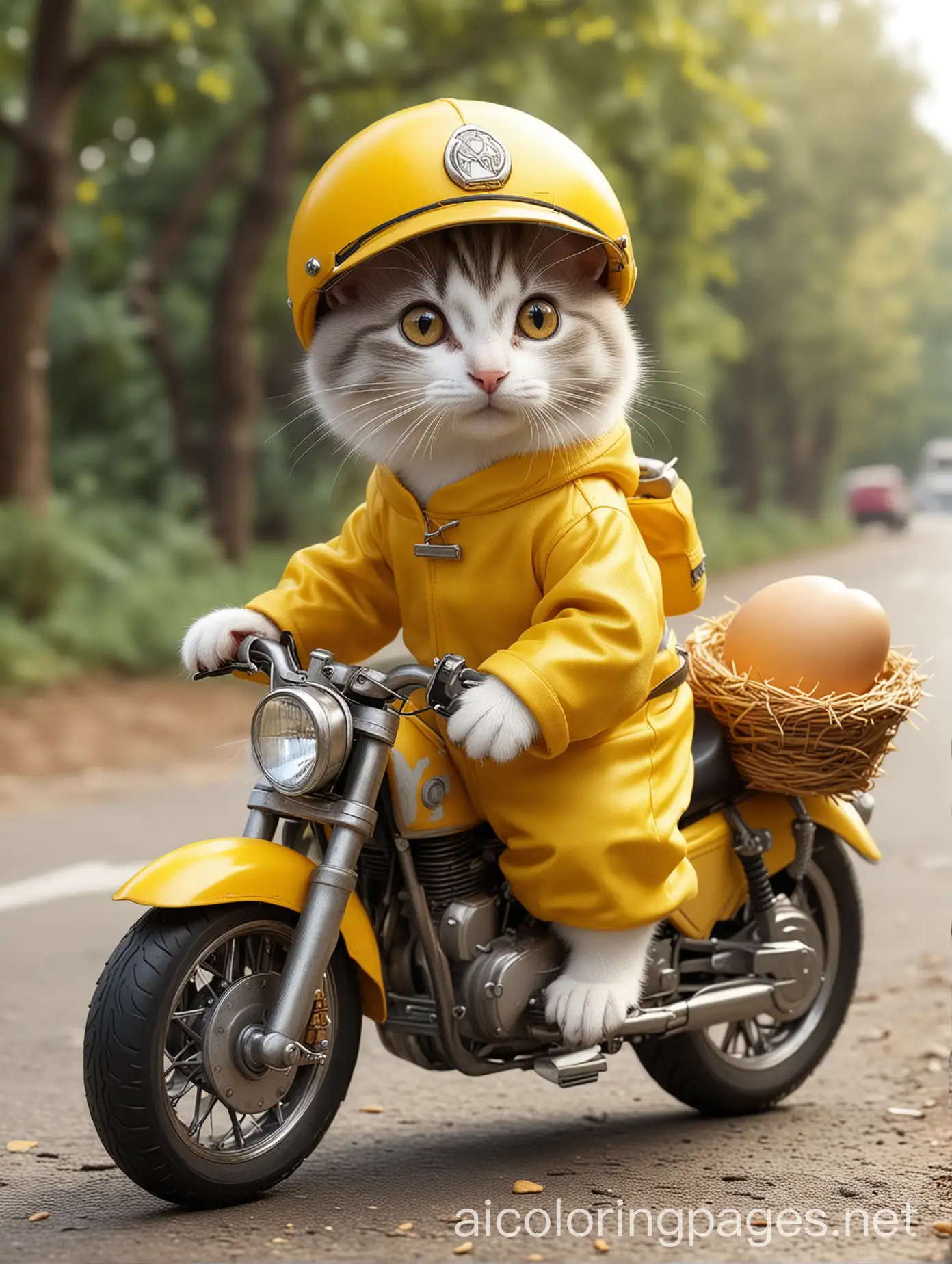 The smallest mouse in the world, a super mini kitten, this cat is a takeaway worker, has beautiful eyes, wearing a yellow takeaway costume, riding a motorcycle, road background, anthropomorphic, photo real, photo real, classic composition, masterpiece, exquisite, color correction, amazing visual effects, crazy details, intricate details, sharp focus, hd, 32k
One day, he found a golden egg in his chicken's nest.



, Coloring Page, black and white, line art, white background, Simplicity, Ample White Space. The background of the coloring page is plain white to make it easy for young children to color within the lines. The outlines of all the subjects are easy to distinguish, making it simple for kids to color without too much difficulty