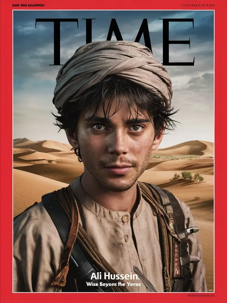 Time magazine cover of a young Moroccan fighter, the boy is about 19 years old, he has scruffy black hair, brown eyes, he is dressed like an Arab guerrilla fighter, with a turban over his head, fearless expression, Middle Eastern desert background, with caption "Ali Hussein: Wise Beyond His Years"