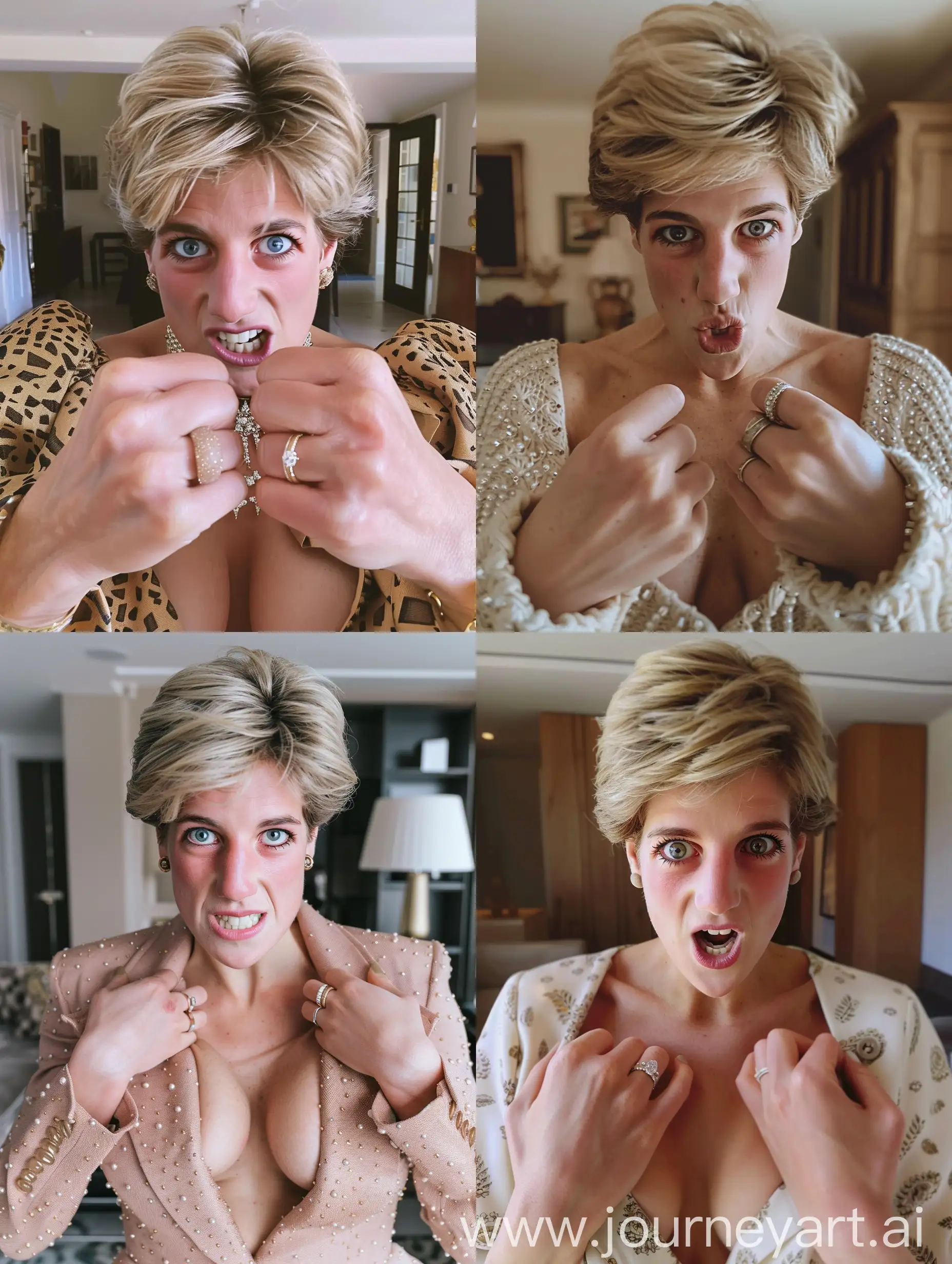 Aesthetic Instagram selfie of princess Diana wearing modern clothes, in a modern London flat, close up selfie, manicured, beige gel nail polish, hands low gripping big chest, rings, making a very funny face