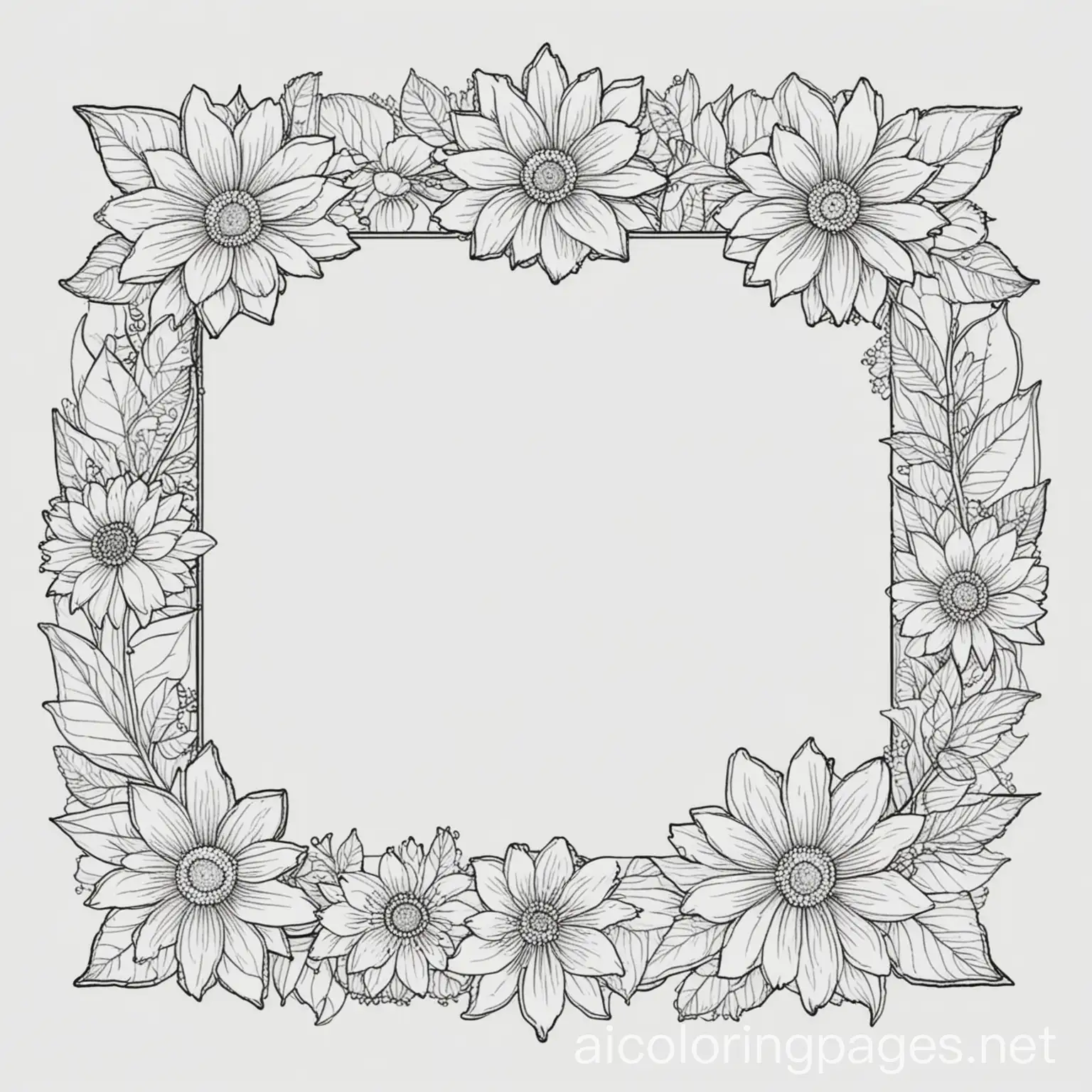 flower frame, Coloring Page, black and white, line art, white background, Simplicity, Ample White Space. The background of the coloring page is plain white to make it easy for young children to color within the lines. The outlines of all the subjects are easy to distinguish, making it simple for kids to color without too much difficulty