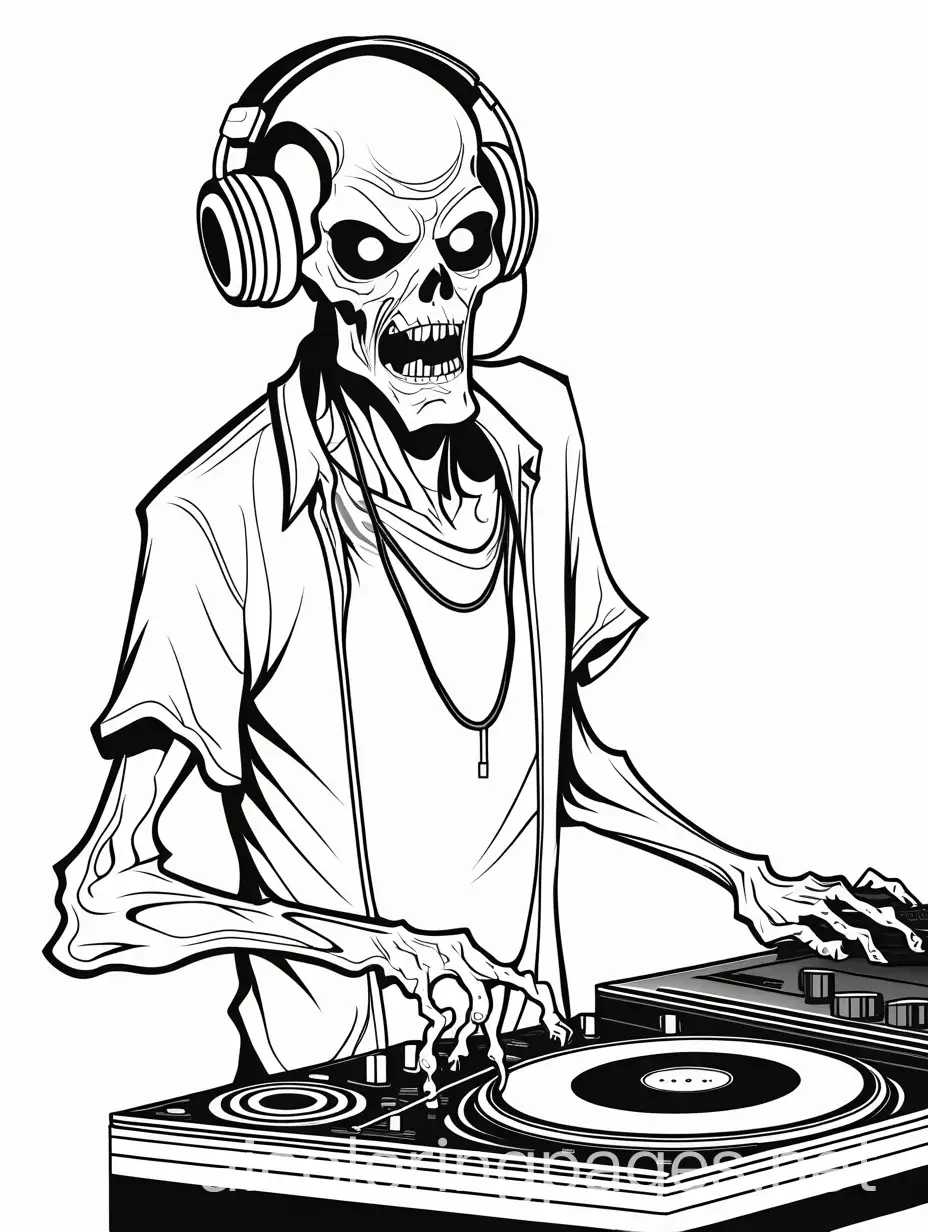 A creepy zombie becomes DJ, Coloring Page, black and white, line art, white background, Simplicity, Ample White Space.