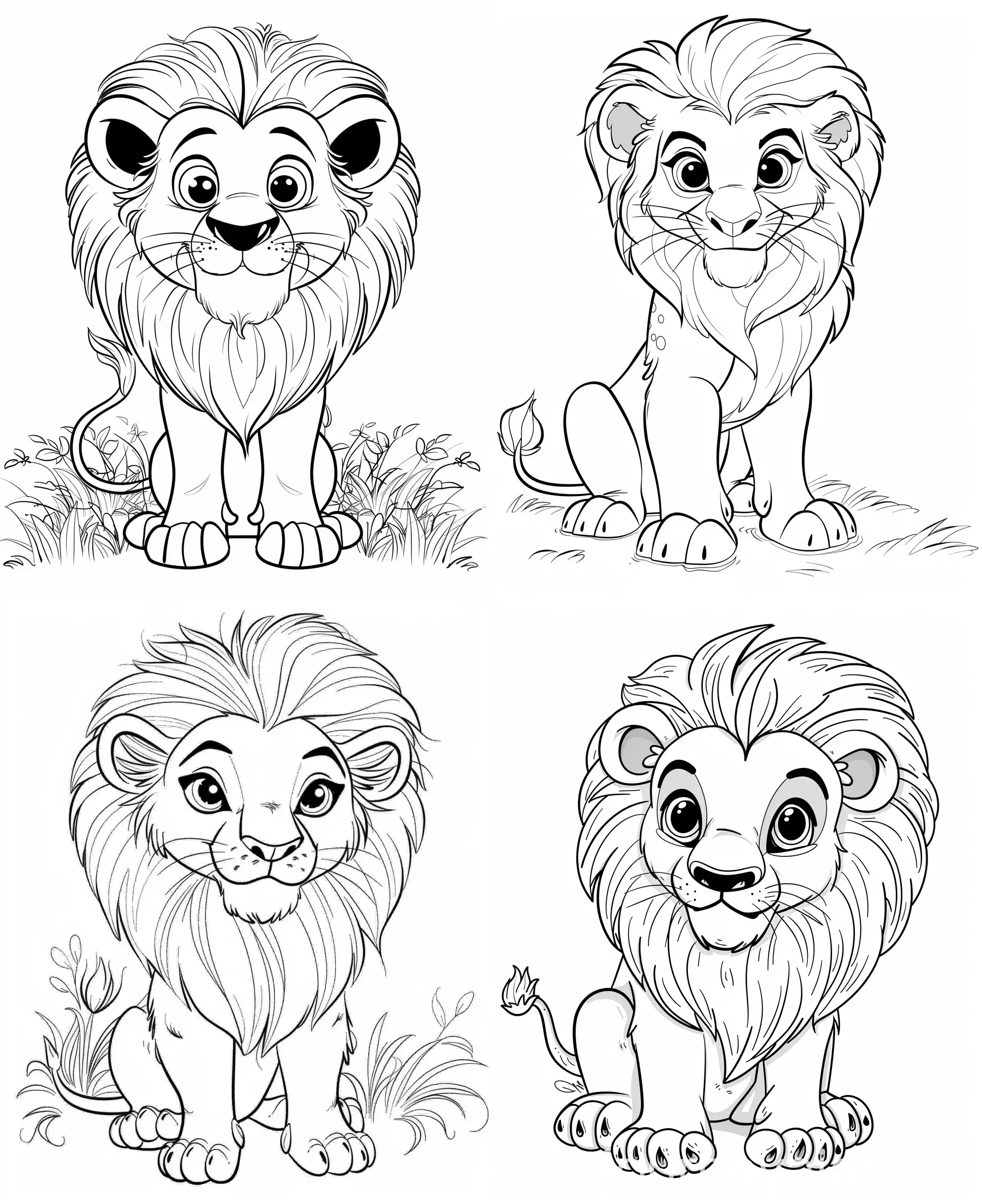 Coloring page of a cute Lion, use clean lines and leave plenty of white space for coloring, simple line art, one line art, clean and minimalistic line, --ar 9:11 