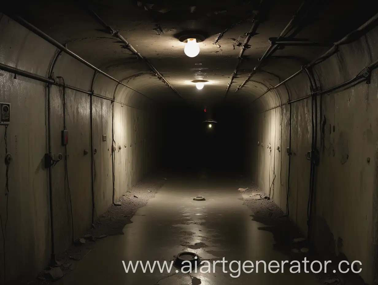 Тоннель бункера, полутемный с 1 лампочкой которая еле освещает, стены темные с облезающей шпатлевкой.
