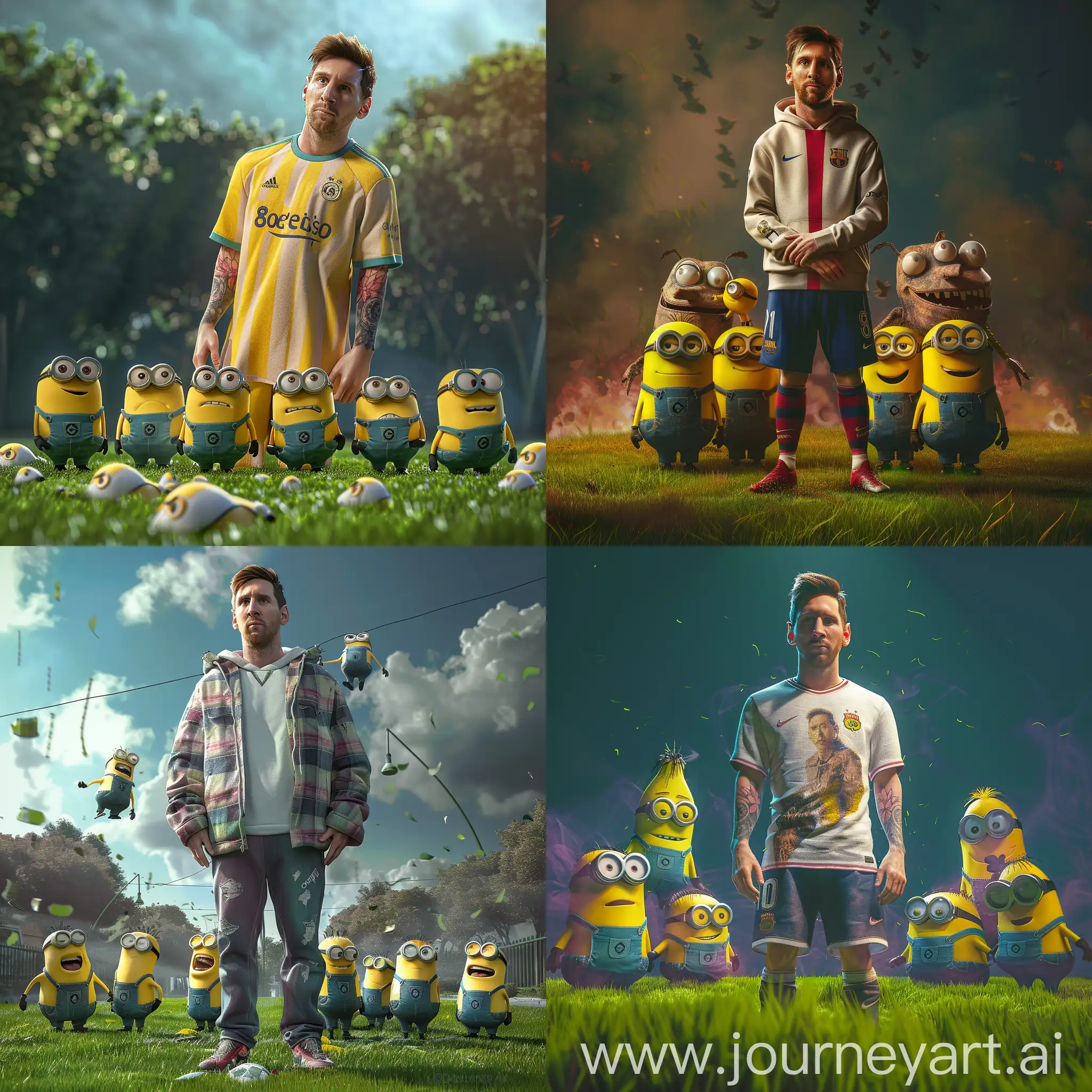  Lionel Messi, standing, surrounded by minions, grass field, detailed characters, highly detailed, ultra-detailed, 8k, best quality, photorealistic, masterpiece, vibrant colors, cinematic lighting, beautiful composition, dynamic pose, awe-inspiring