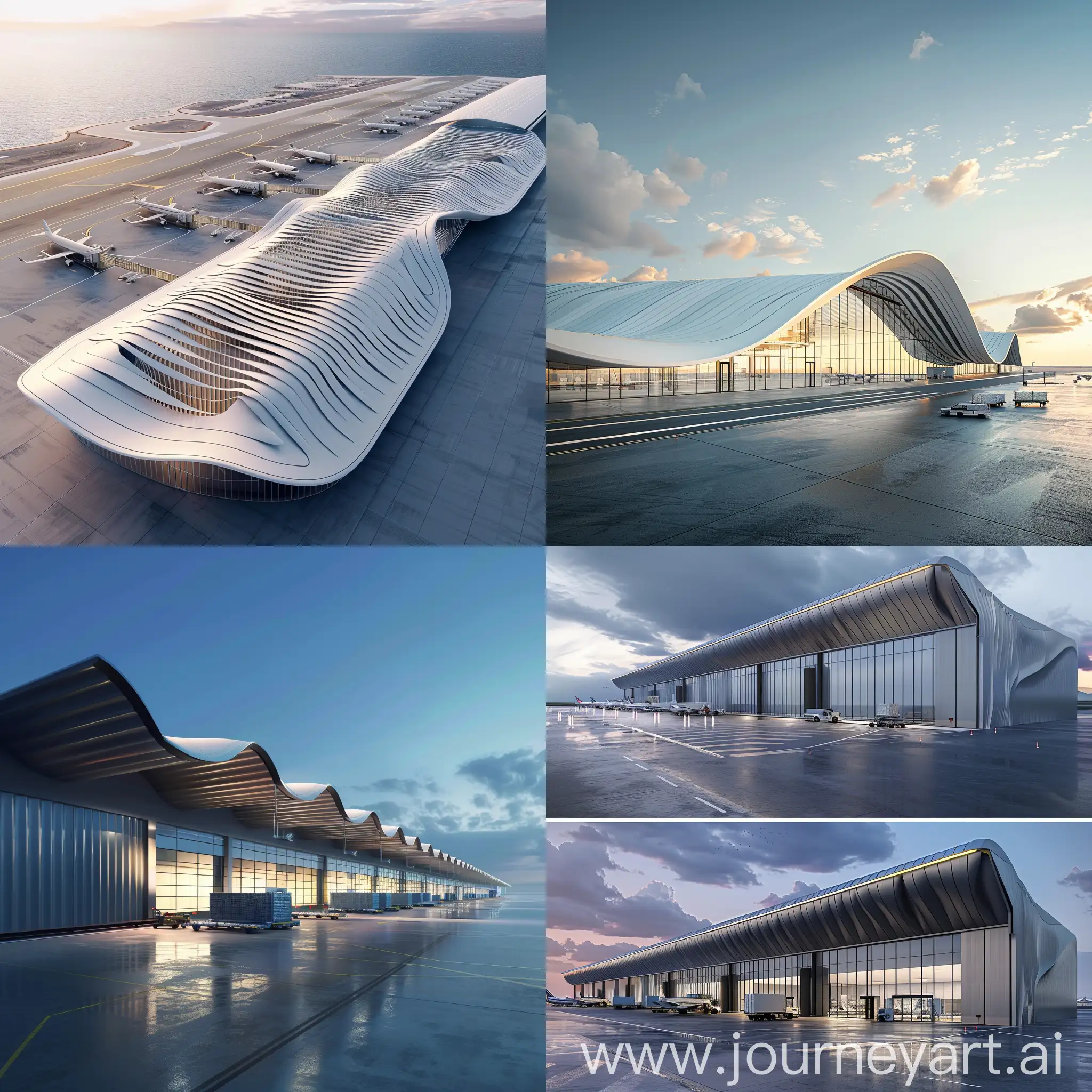 Design a airport cargo terminal in linear form, keeping its roof design parametric inspired by sea waves