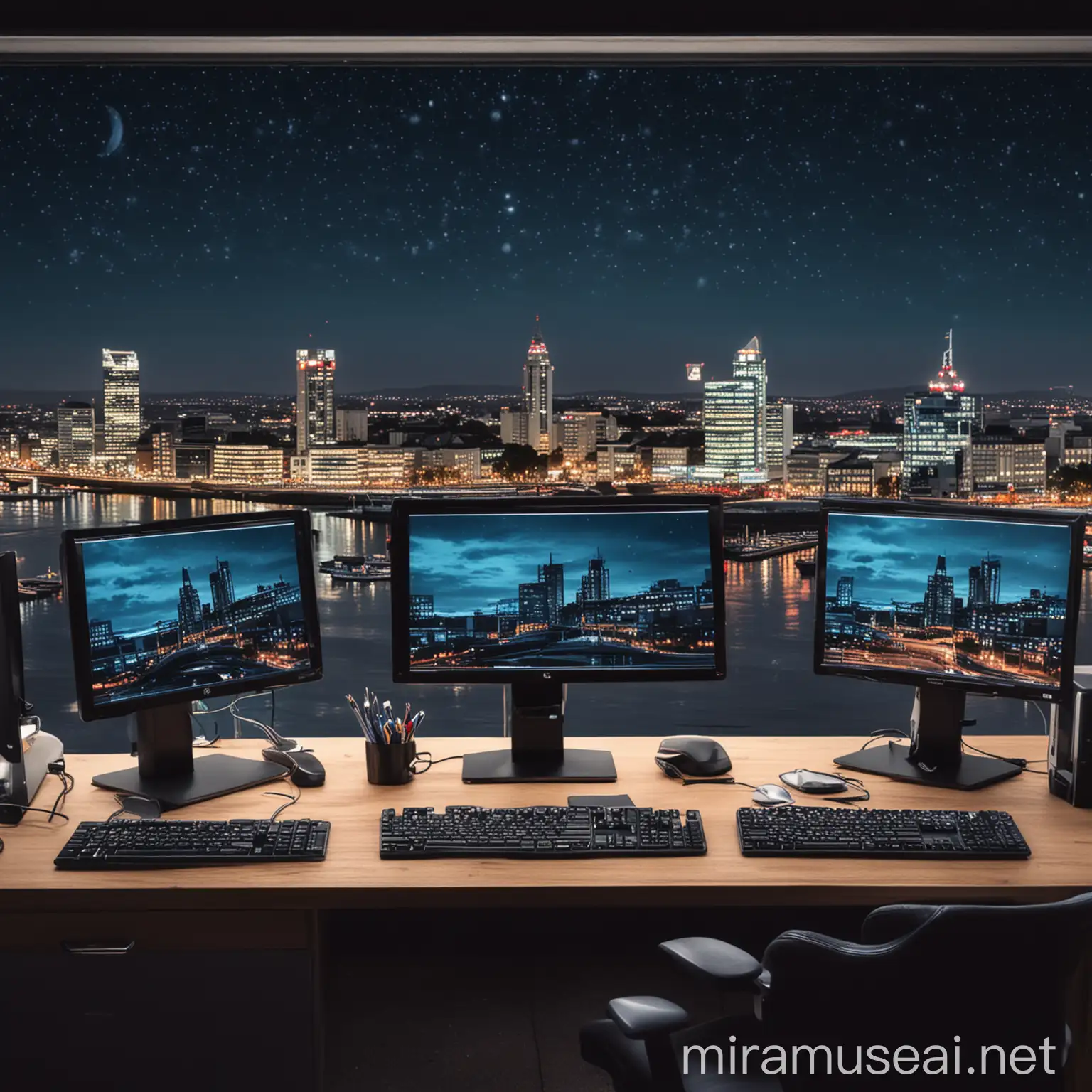 Professional News Studio with Computers and Night City View