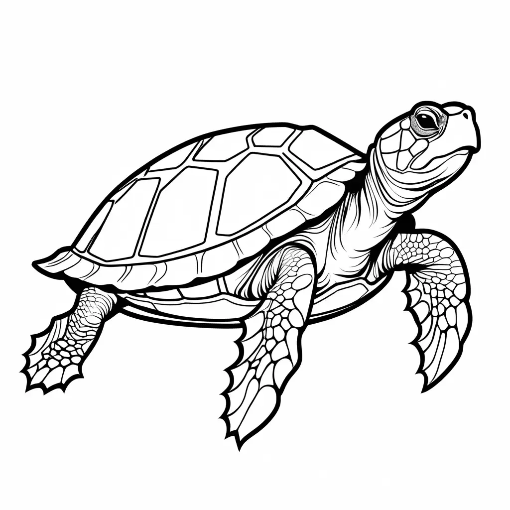 Easy to color turtle, Coloring Page, black and white, line art, white background, Simplicity, Ample White Space. The background of the coloring page is plain white to make it easy for young children to color within the lines. The outlines of all the subjects are easy to distinguish, making it simple for kids to color without too much difficulty