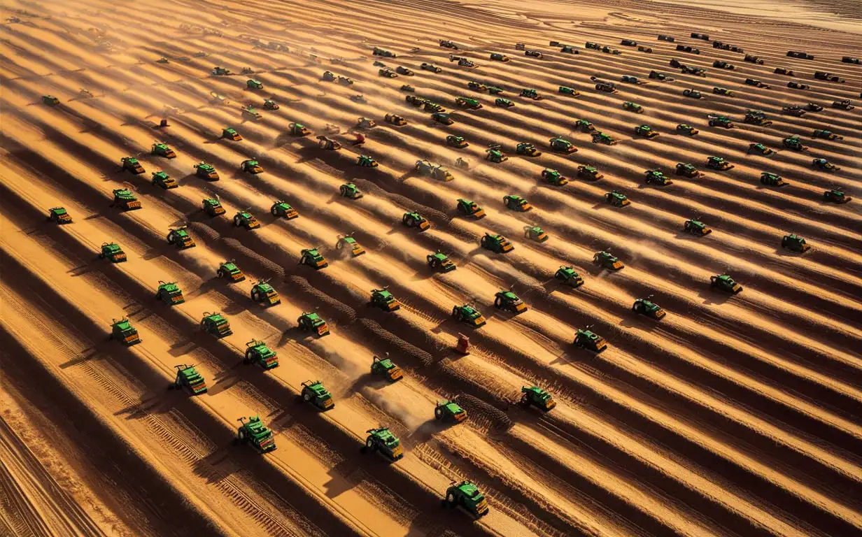 a real image of a hot sandy and hilly desert, WITH Millions of tractors Moving side view HORIZONTALLY plowing the hot desert in a clear easy to see image