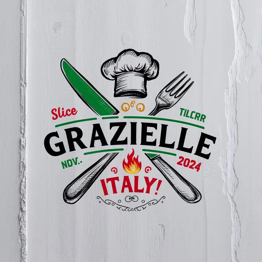 GRAZIELLA Pizzeria logo, Italian colors, Crossed knife and fork, Sketched Chef's Hat, Slogan, Slice of Italy, EST 2024, White background, Sketched Flaming decoration