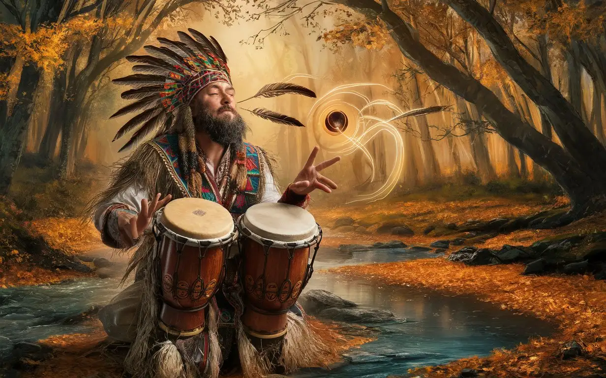 Celtic shaman plays bongos in the autumn forest near the river