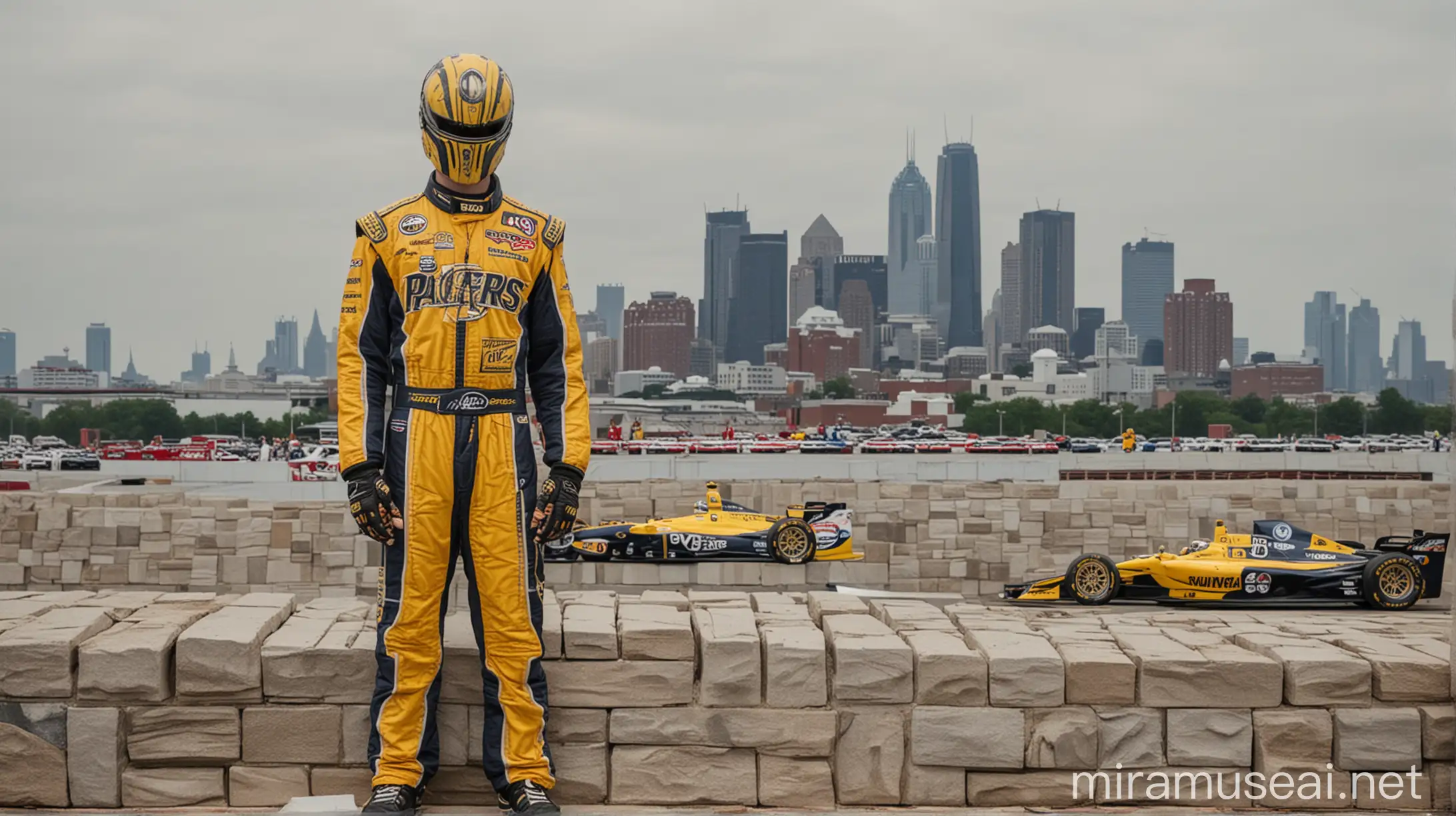 alien-headed human dressed in racecar gear, standing on bricks in front of an Indycar with "indiana pacers" branding and logos, with the Indianapolis skyline in the background