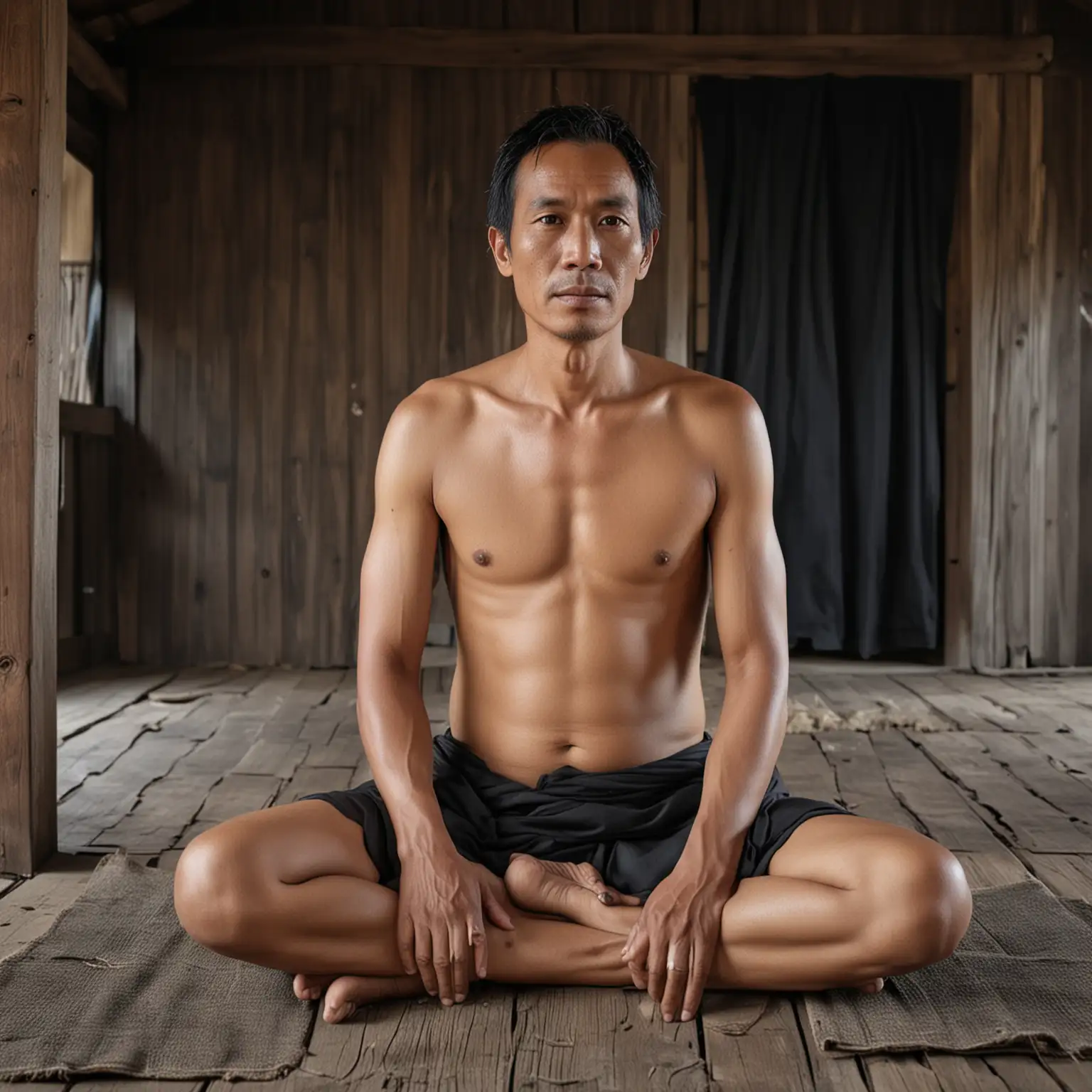45 year old Indonesian man bare chested sitting cross-legged wearing a long black cloth without a pattern, white skin, in a traditional wooden house