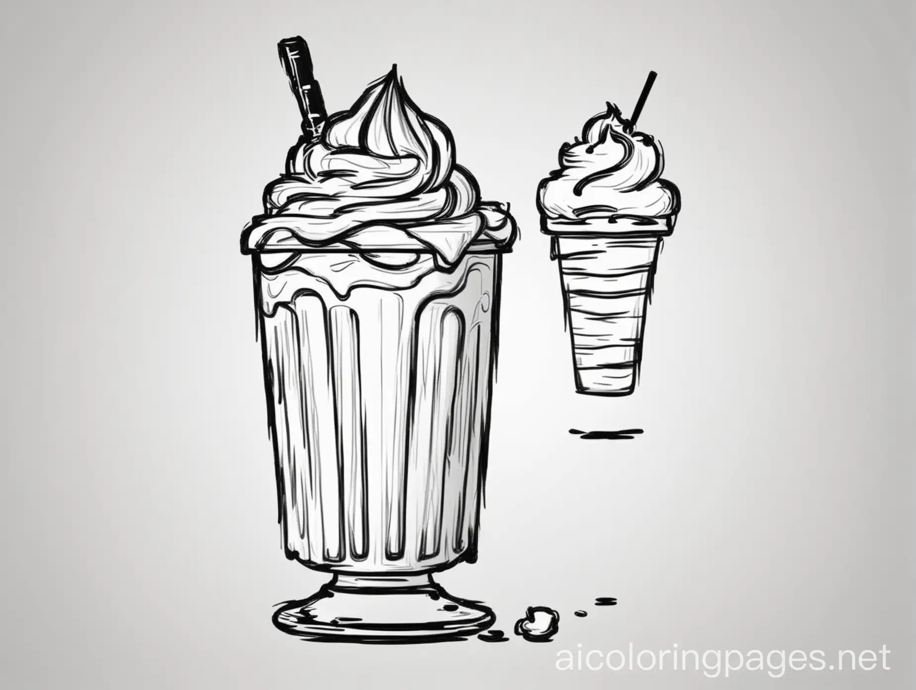cartoon outlined only  in bold black line A milkshake in a tall glass with whipped cream, Coloring Page, black and white, line art, white background, Simplicity, Ample White Space. The background of the coloring page is plain white to make it easy for young children to color within the lines. The outlines of all the subjects are easy to distinguish, making it simple for kids to color without too much difficulty