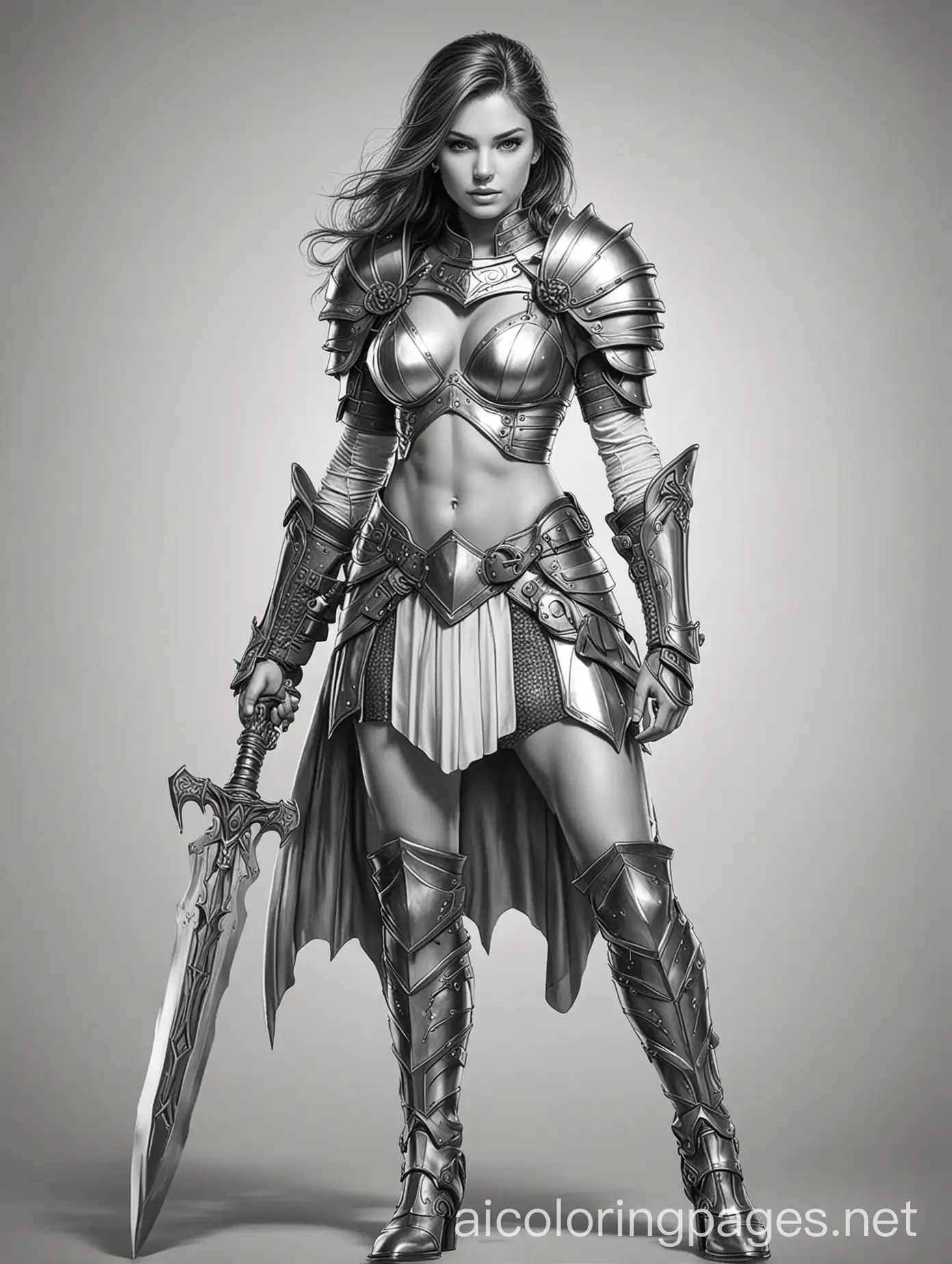 line art, outline, black and white drawing, to color, Coloring Book, ColoringBookAF, realistic, heroic fantasy, full body shot, young 14 year old teen sexy warrior woman, sexy light armor, big metal boots, metal skirt, metal bra, pauldrons, ready to fight posing, Coloring Page, black and white, line art, white background, Simplicity, Ample White Space. The background of the coloring page is plain white to make it easy for young children to color within the lines. The outlines of all the subjects are easy to distinguish, making it simple for kids to color without too much difficulty