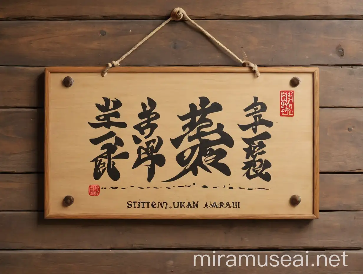 natural wooden sign, add wording "Seitoku Kan Karate", hanging on wall, oriental background.