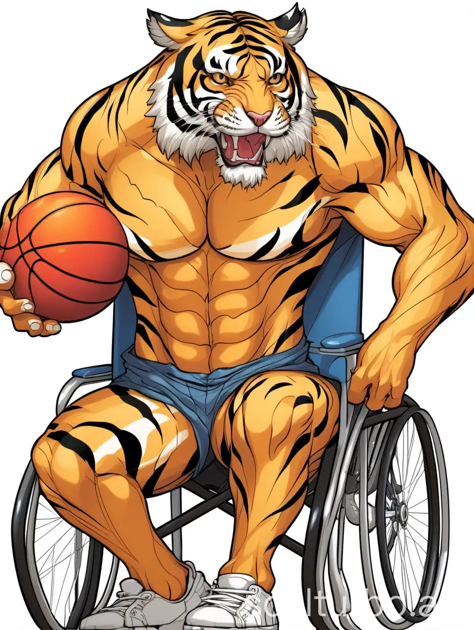 masterpiece,best quality, ultra-detailed, 1 muscular tiger in a wheelchair, the tiger with an angry face with a basketball player t-shirt, squeezing a basketball in one of his hands, basketball wheelchair.