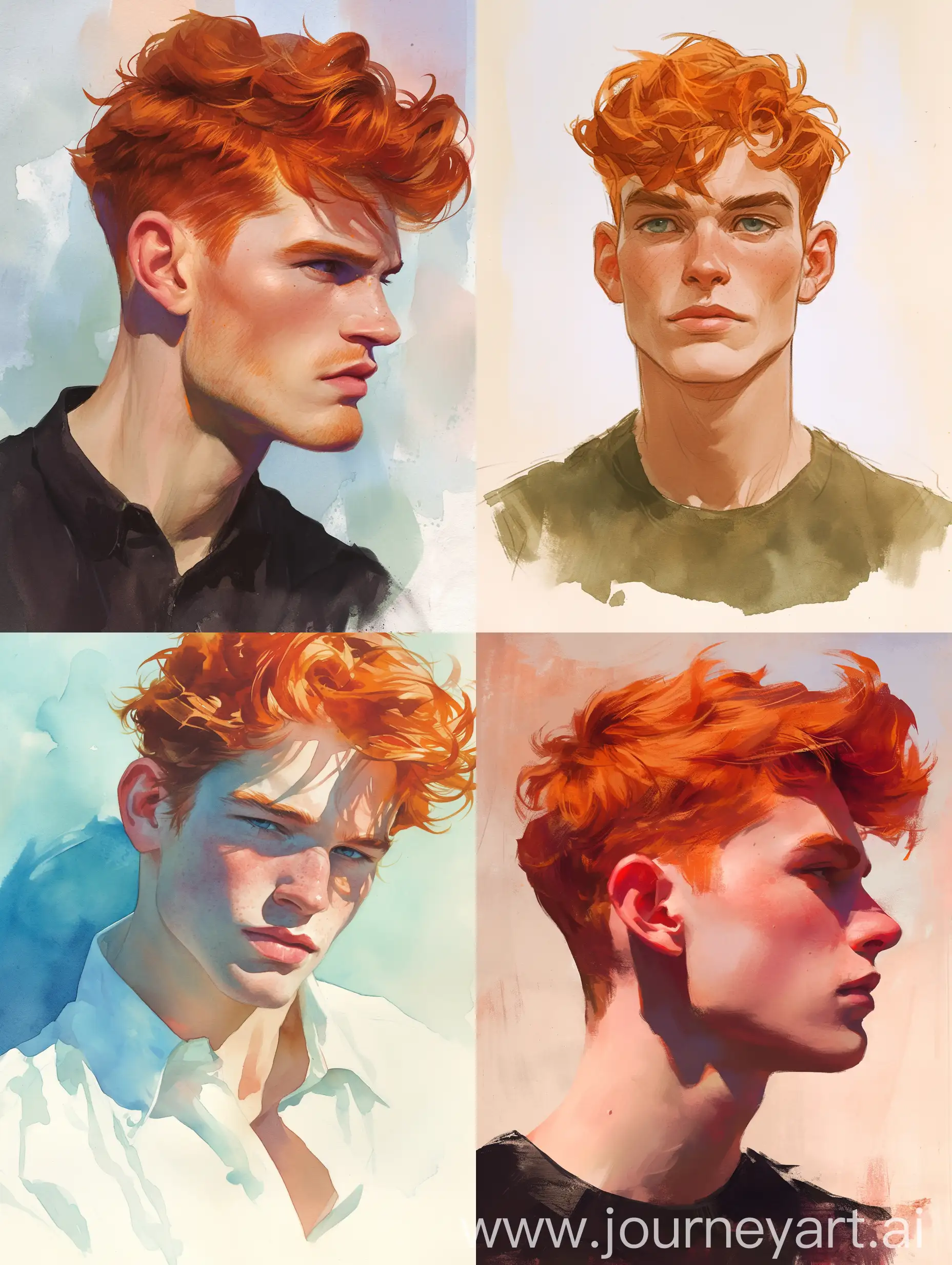 Male portrait with orange hair, 
soft facial features, colored background, watercolor --niji 6