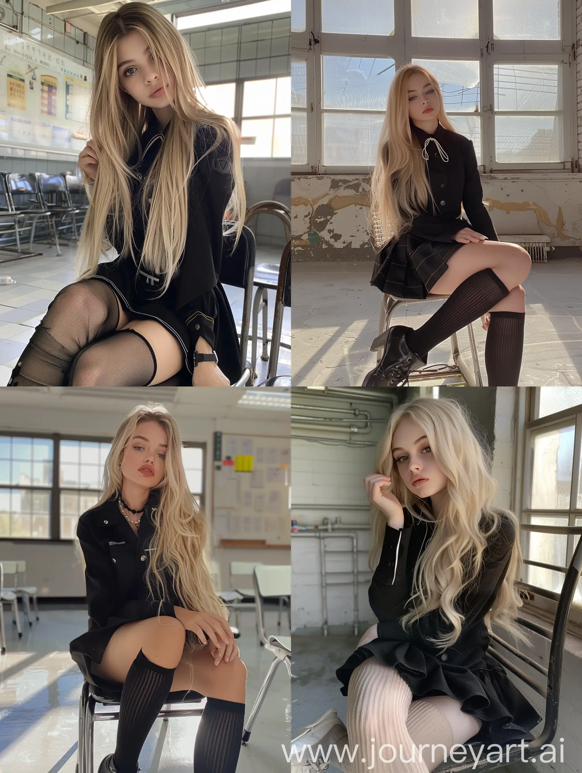 1  girl,    long  blond  hair ,   22  years  old,    influencer,    beauty   ,     in  the  school    ,school black  uniform  ,  makeup,   , chão view,      sitting  on  chair  ,    socks  and  boots,    no  effect,     selfie   , iphone  selfie,      no  filters ,   iphone  photo    natural