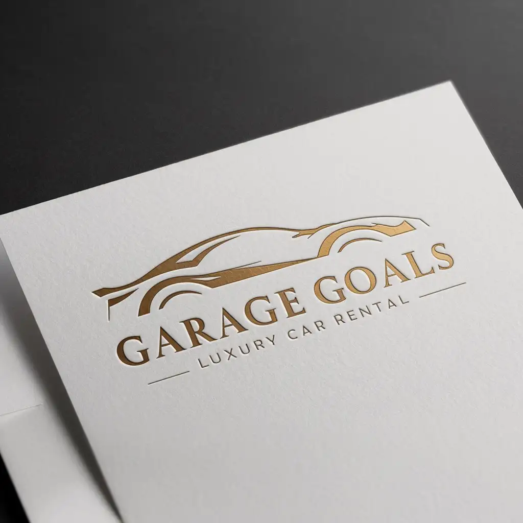 a logo design,with the text "GARAGE GOALS", main symbol:create a logo for a Luxury Car Rental business. this logo should include a modern minimalist car with logo text . preferred color is gold. must be a logo on a white paper stationery design,Moderate,clear background