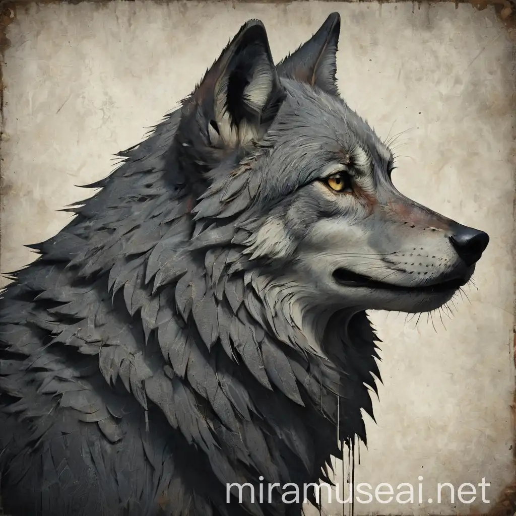 serene wolf profile in silhouette with scratched metal textures
