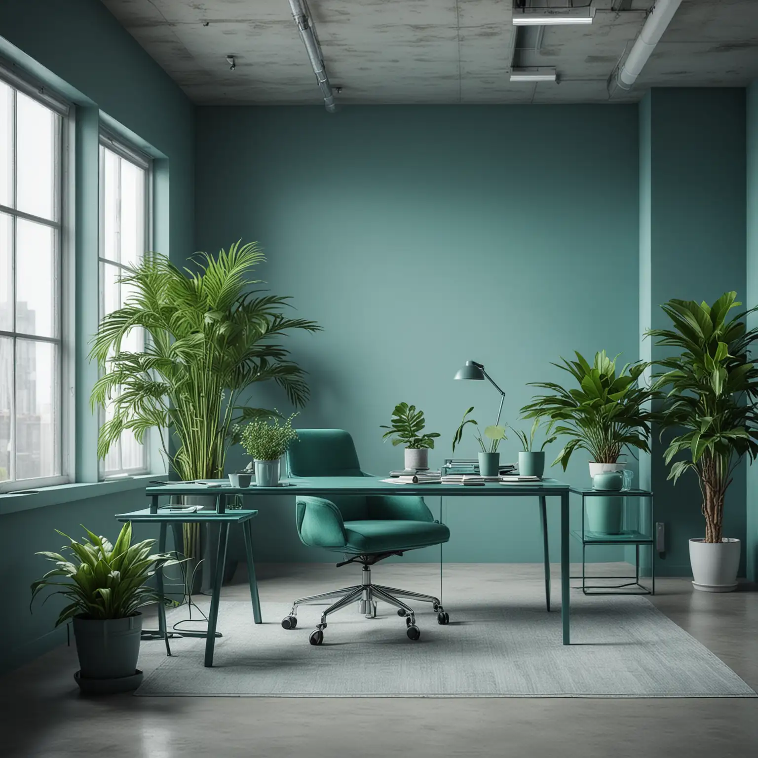 create a hyper realistic series of stock photos with a harmonious blue and green color palette. the images should evoke a sense of tranquility, professionalism, and freshness. Include a scene such as a modern office space with a blue and green decor, featuring sleek furniture and indoor plants 