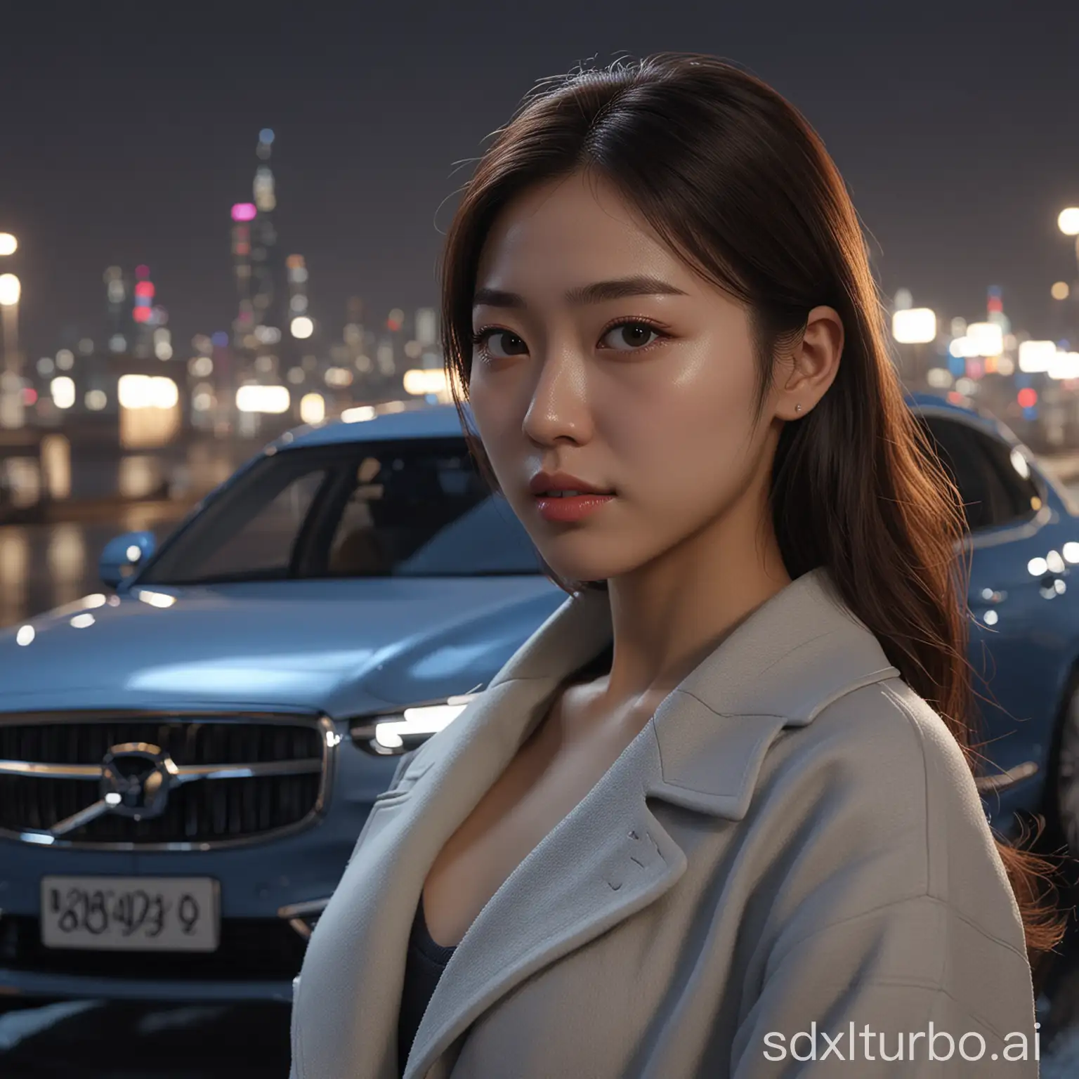 young korean girl, gorgeous face, volvo s90, night, seoul, realistic, masterpiece, raytraced
