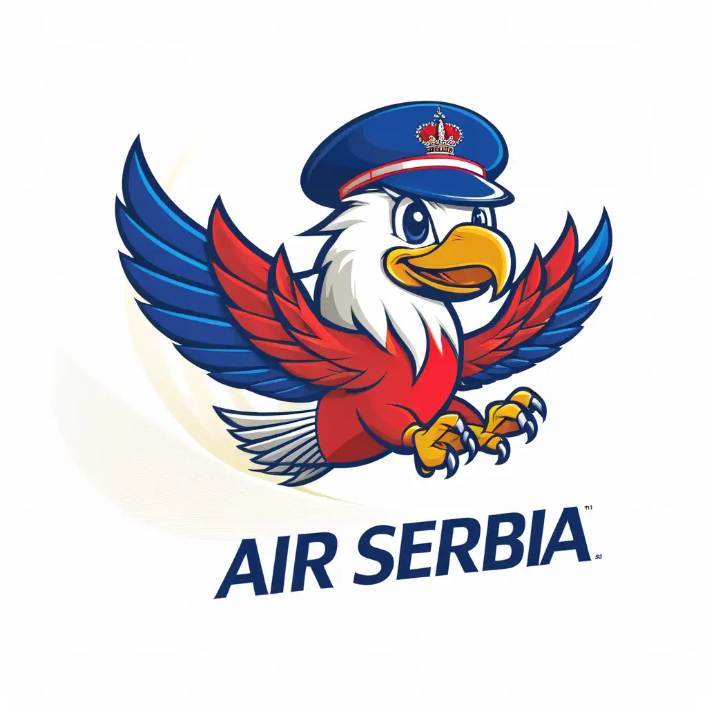 Make new " AIR SERBIA " MASCOT with real Serbian flag colours, realistic, vector, use Red hat 