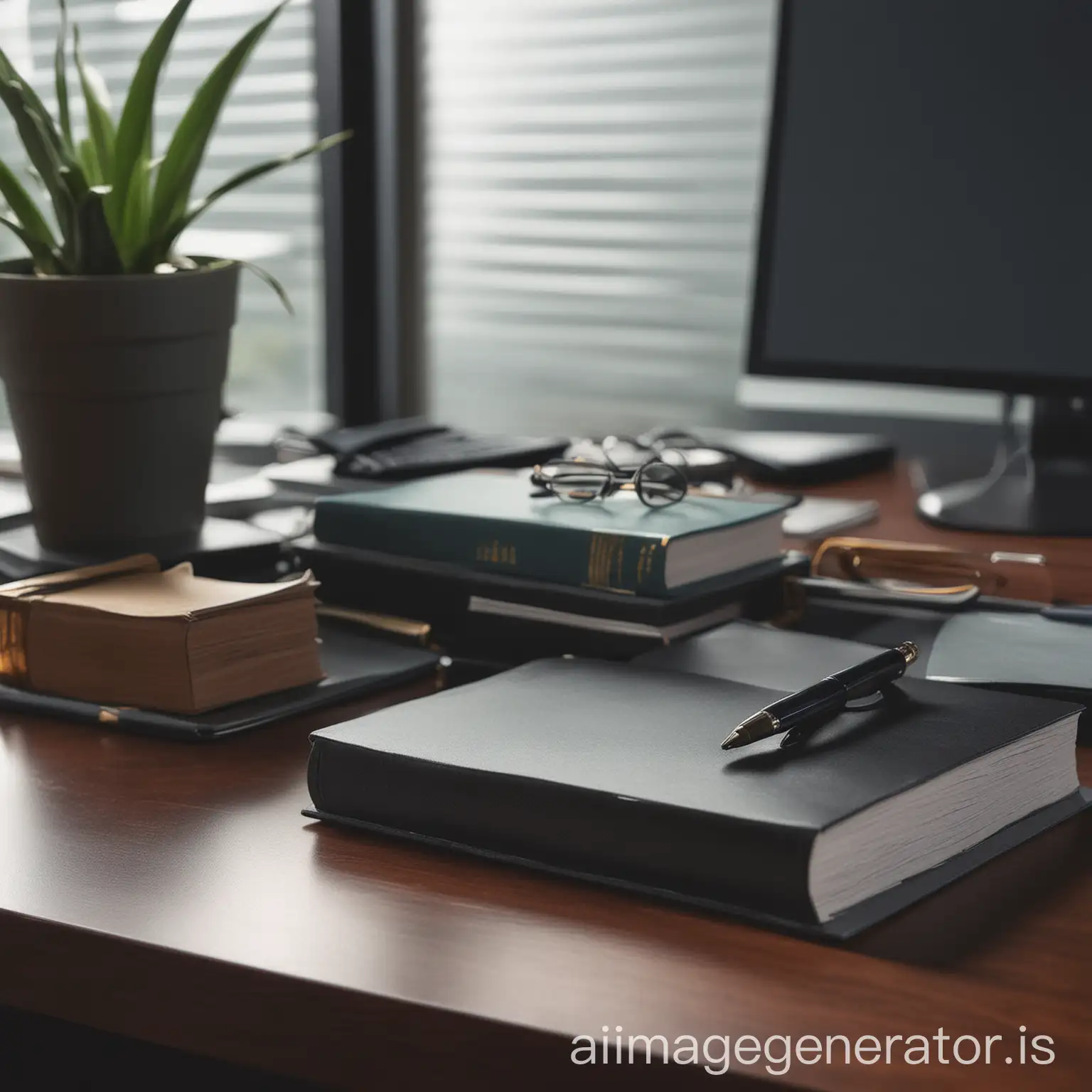 Office-Desk-CloseUp-Photo-with-Deep-Tone-Color-and-Office-Book