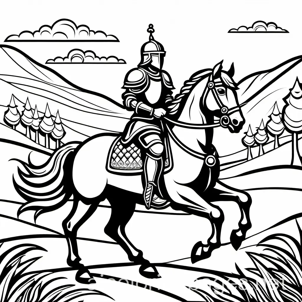 a knight in armor riding horse, Coloring Page, black and white, line art, white background, Simplicity, Ample White Space. The background of the coloring page is plain white to make it easy for young children to color within the lines. The outlines of all the subjects are easy to distinguish, making it simple for kids to color without too much difficulty