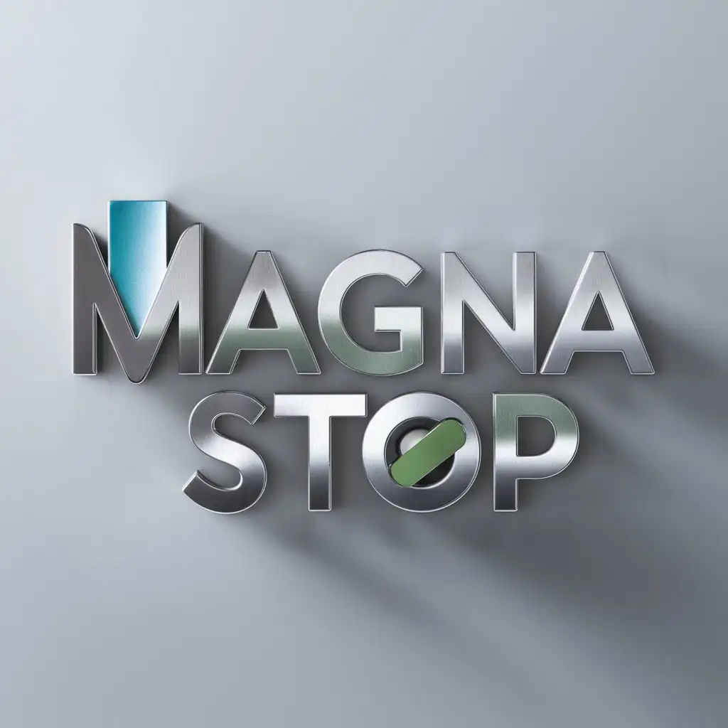 a logo design,with the text "Magna Stop", main symbol:This product is a magnetic doorstop cover that can be easily attached to any existing doorstop, completely transforming it into a magnetic doorstop. - The logo needs to convey the innovative functionality of the product as well as the ease of installation that it offers. - I favor colors such as Blue, Green, and Metallic Silver, and would prefer a simple and modern design for the logo.,Moderate,clear background
