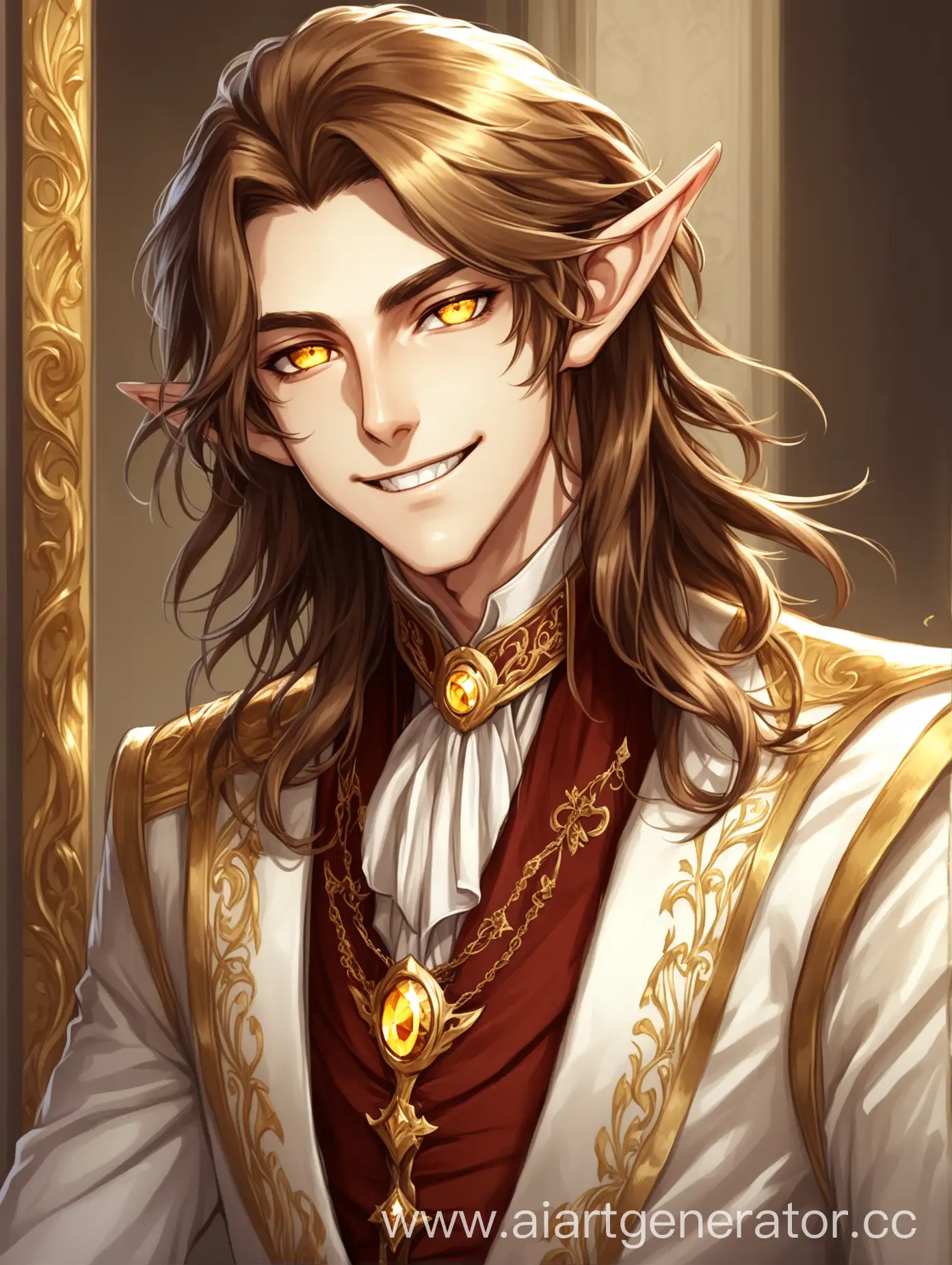 Elf male golden eyes, brown long hair, aristocratic clothes, mischievous grin